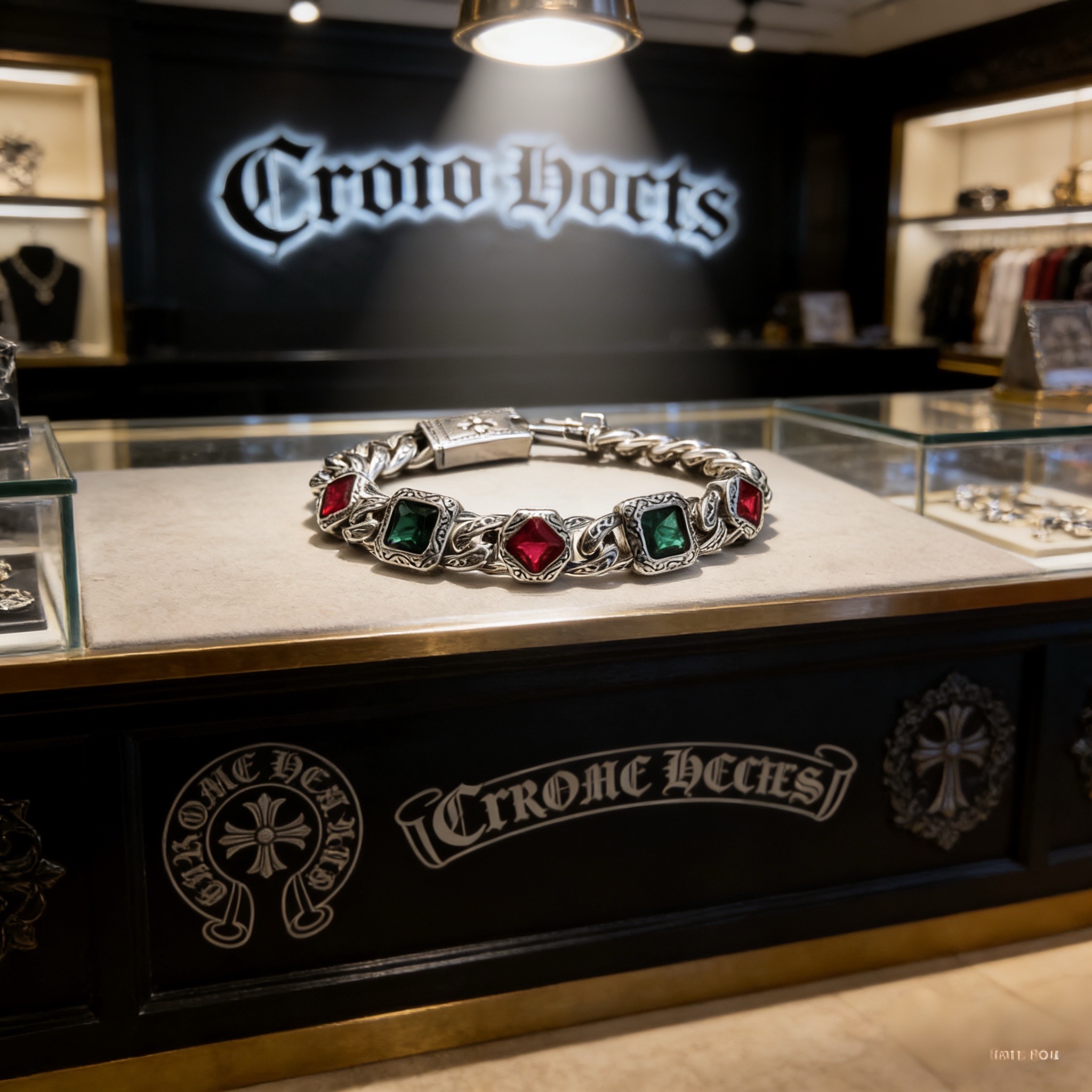 新款【专柜品质】Chrome Hearts克罗心复古彩钻十字架手链 凹凸造型不同的花纹设计风格 呈现出与