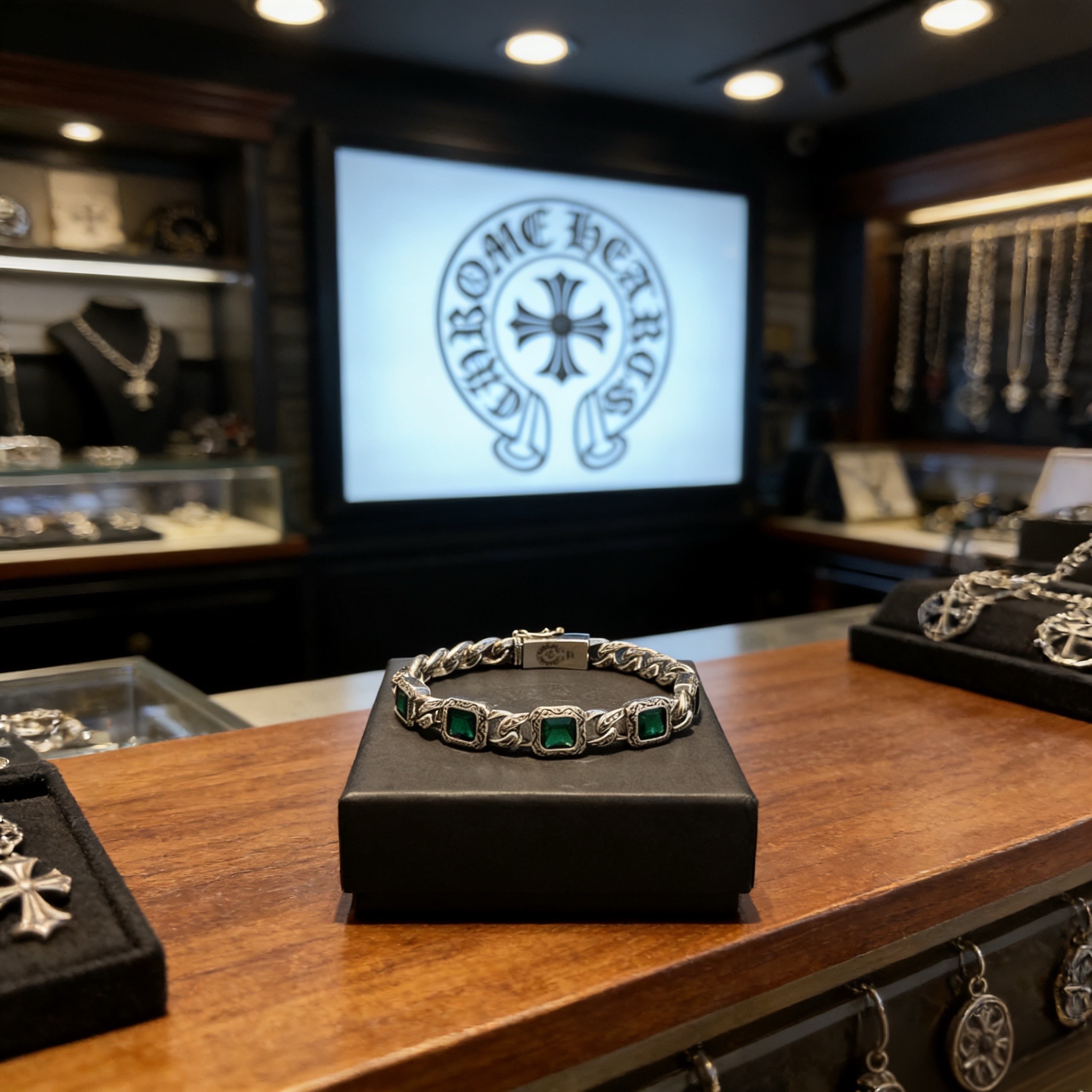 新款【专柜品质】Chrome Hearts克罗心复古绿钻十字架手链 凹凸造型不同的花纹设计风格 呈现出与