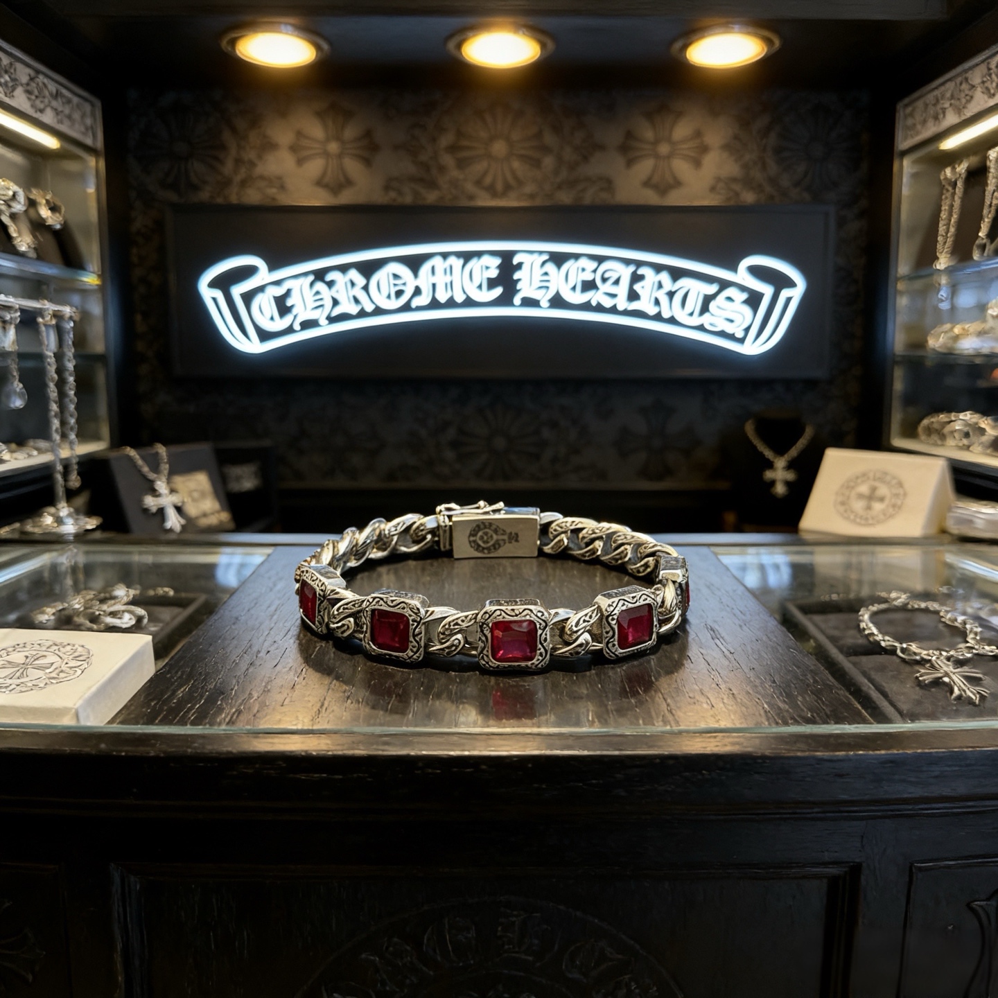 新款【专柜品质】Chrome Hearts克罗心复古粉色方钻十字花手链 凹凸造型不同的花纹设计风格 呈现