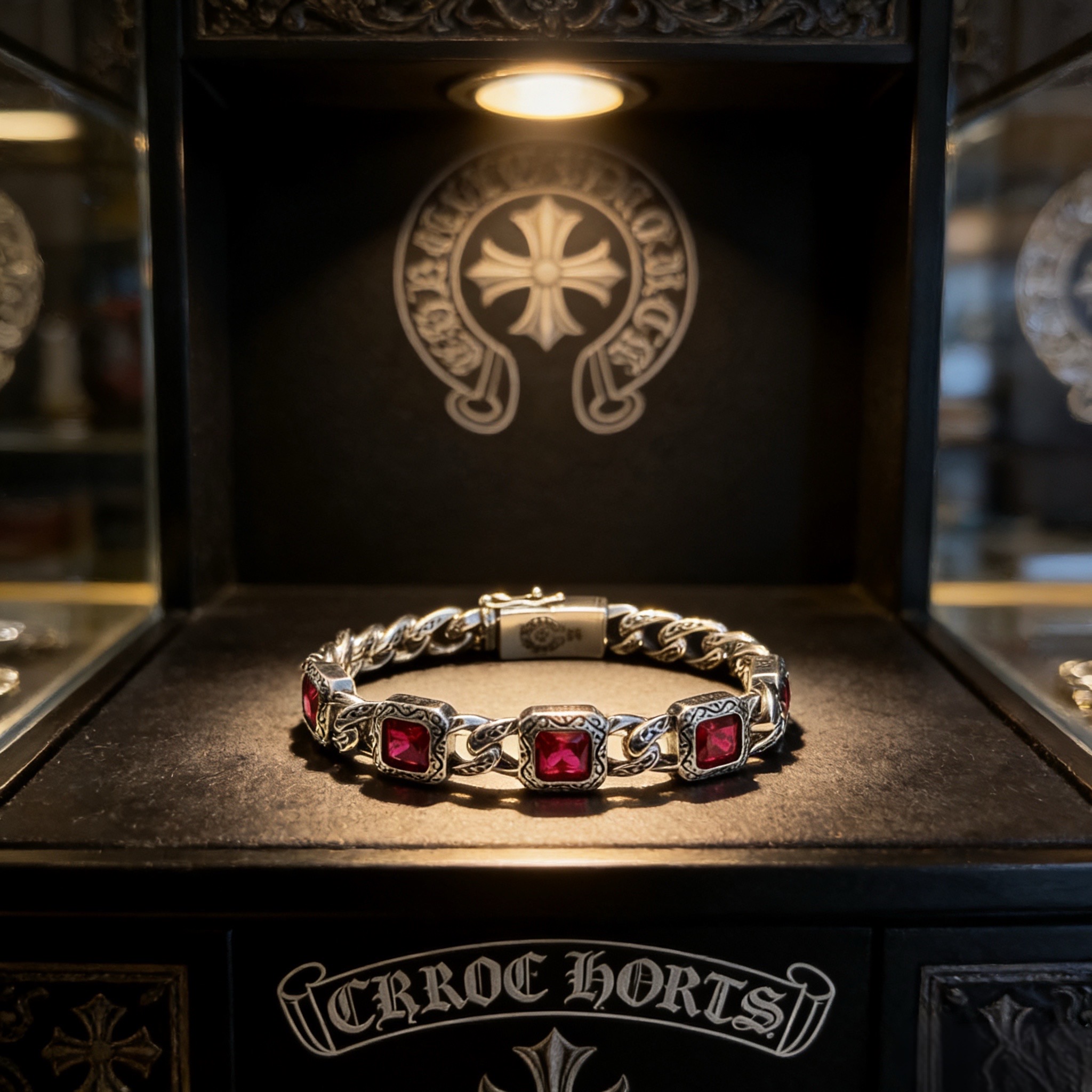 新款【专柜品质】Chrome Hearts克罗心复古粉色方钻十字花手链 凹凸造型不同的花纹设计风格 呈现