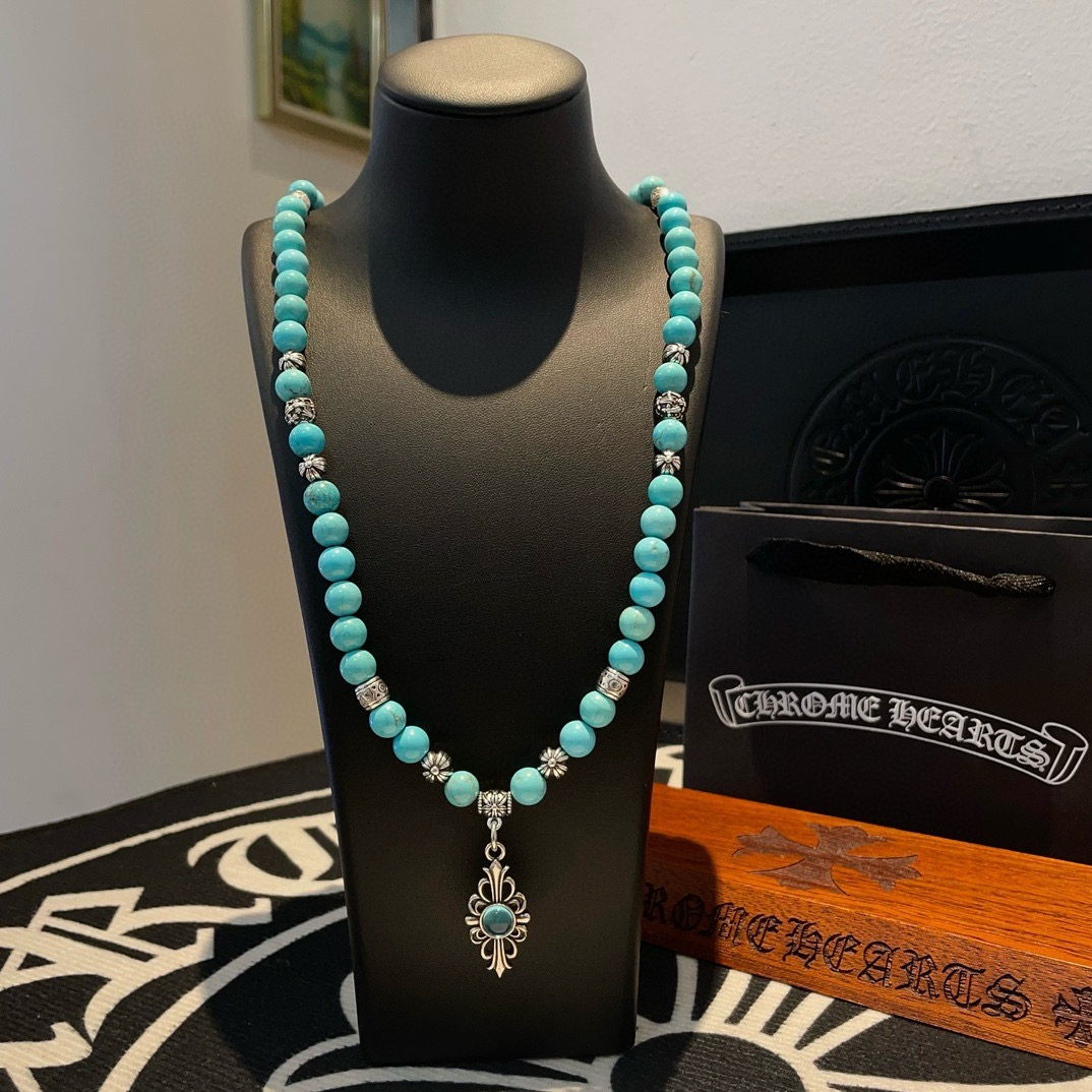 NO:763364,Chrome hearts new turquoise necklace, classic and versatile, can also be worn on the hand several times, dual-purpose, iconic silver beads and turquoise, can be worn by both men and women, same style for couples, rock punk Thai silver style, retro elements, trendy and versatile, boutique jewelry, chrome hearts, necklace19860909克罗心新款绿松石项链,经典百搭,也可以多绕几圈戴在手上,一物两用,标志性银珠绿松石,男女均可佩戴 情侣款同款 摇滚朋克泰银风格 复古元素 潮流百搭,饰品精品,chrome hearts,necklace,Jewelry