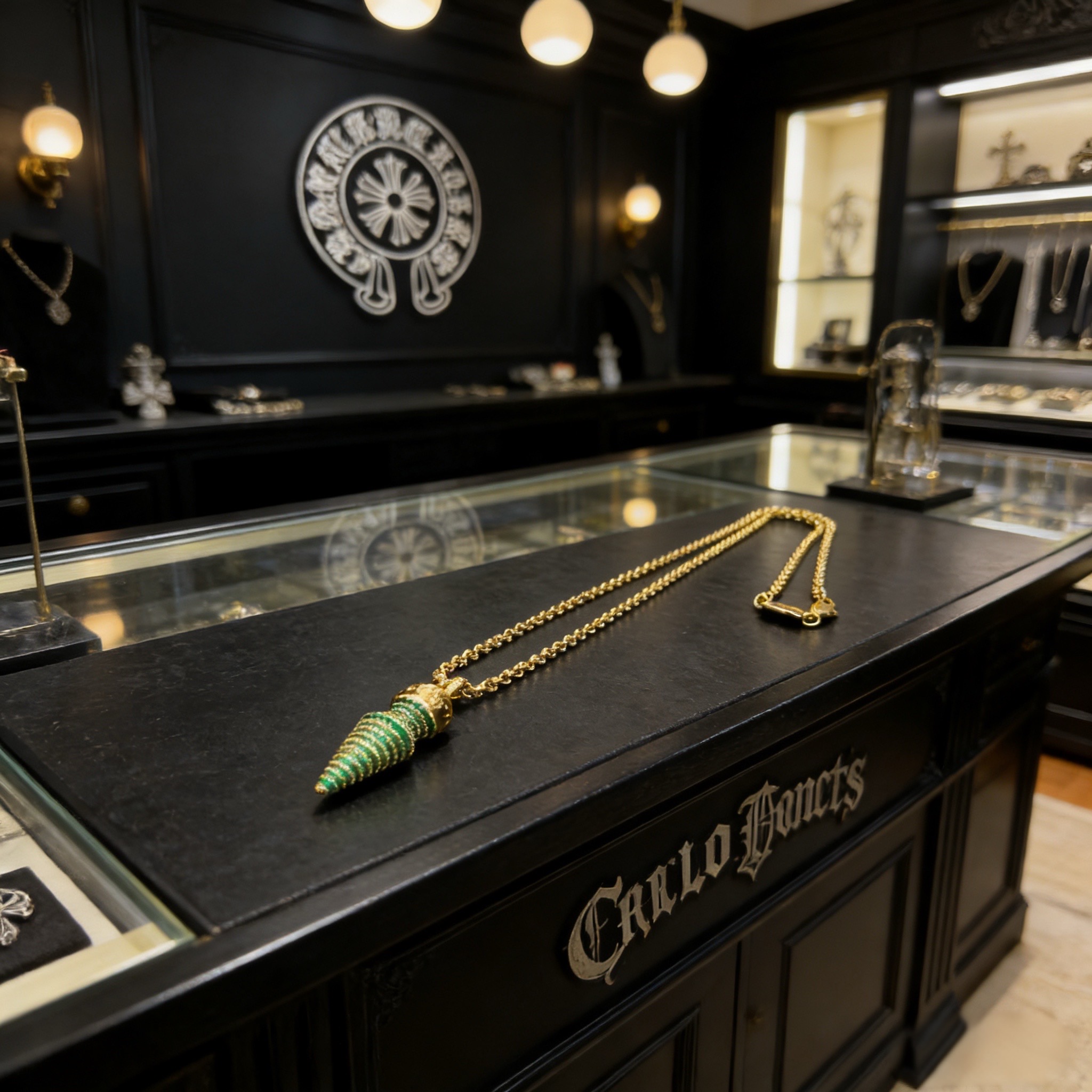 新款【专柜品质】Chrome Hearts克罗心黄金色项链，绿钻子弹吊坠 凹凸造型不同的花纹设计风格 呈