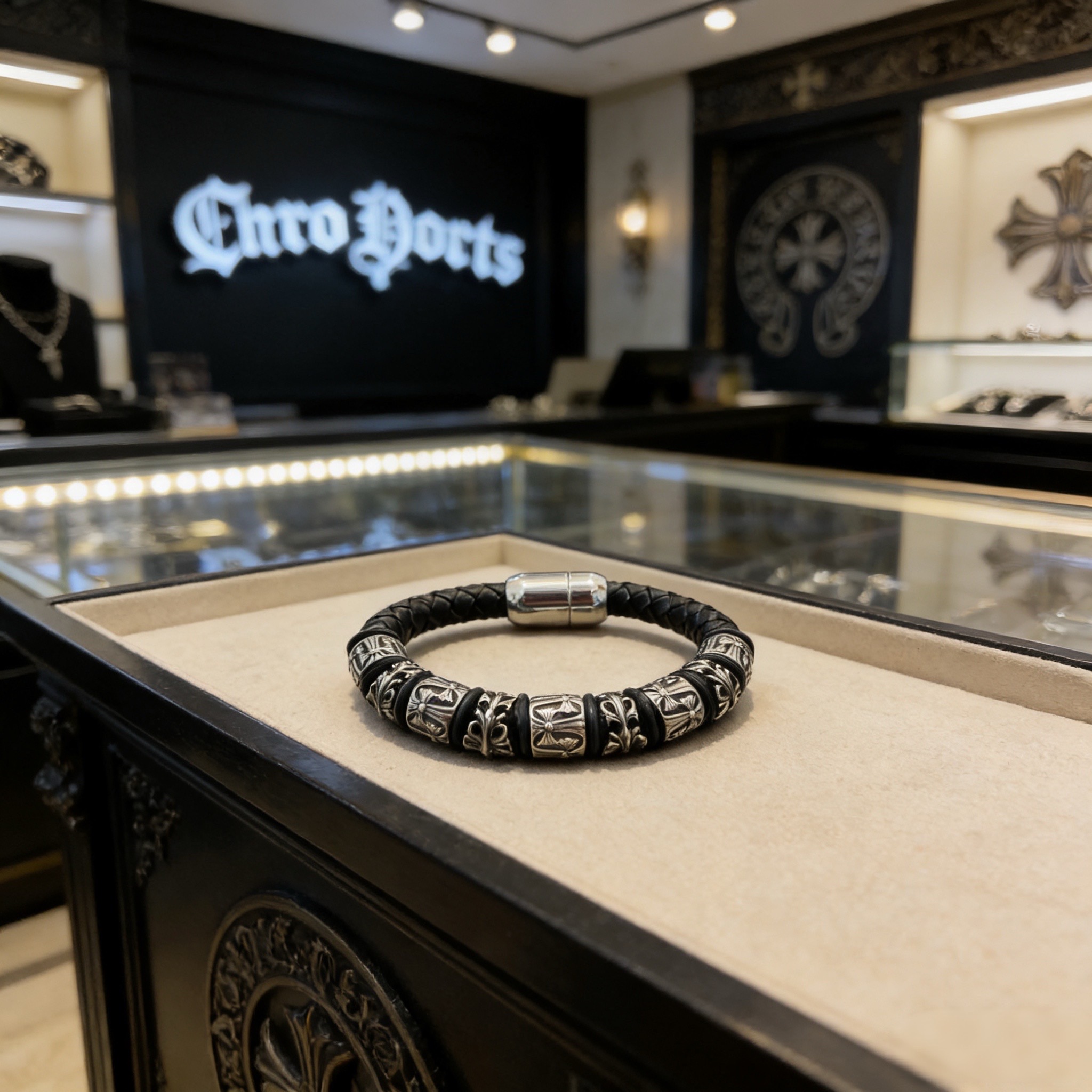 Chrome Hearts Chrome He@rts 克罗心十字架皮绳手绳手链～
