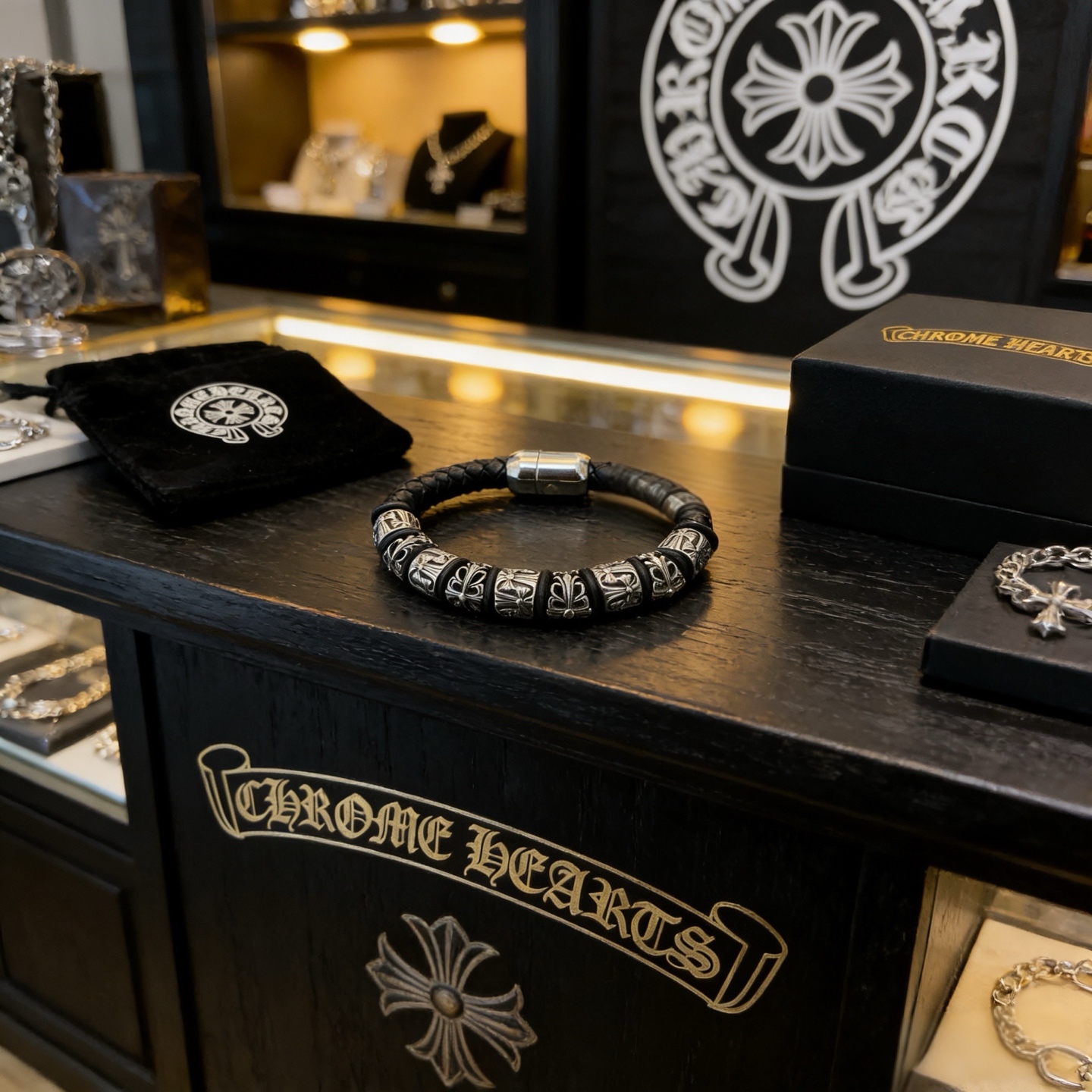 Chrome Hearts Chrome He@rts 克罗心十字架皮绳手绳手链～