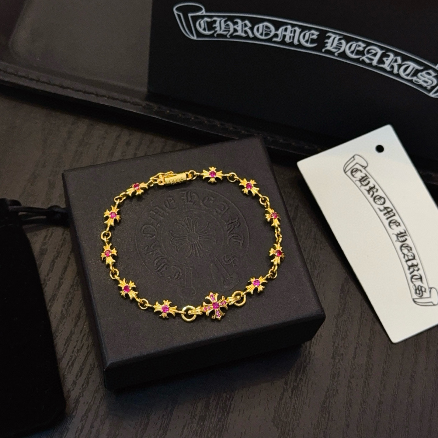 Chrome Hearts 新款【 品质】Chrome Hearts克罗心黄金色粉钻十字架手链