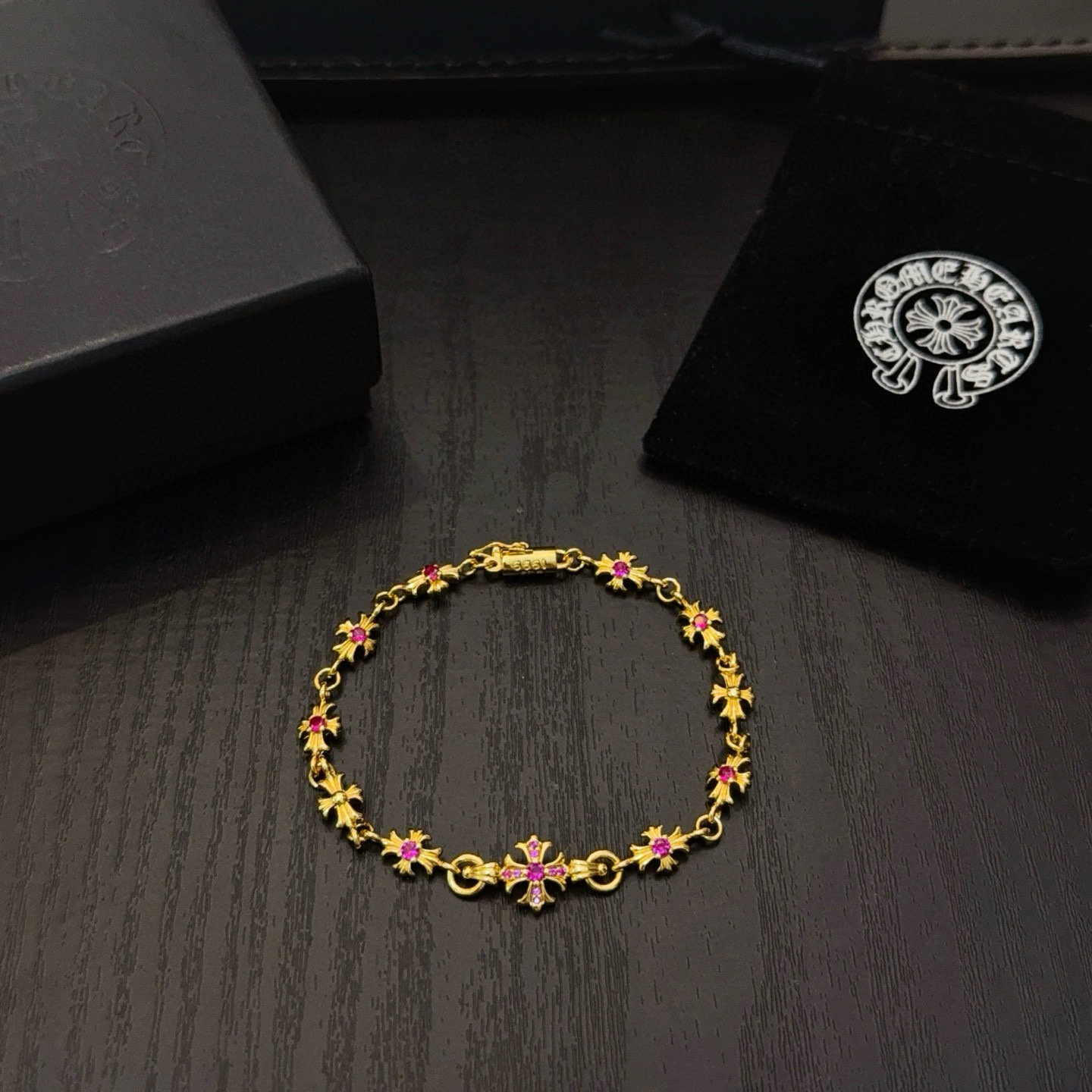 Chrome Hearts 新款【 品质】Chrome Hearts克罗心黄金色粉钻十字架手链