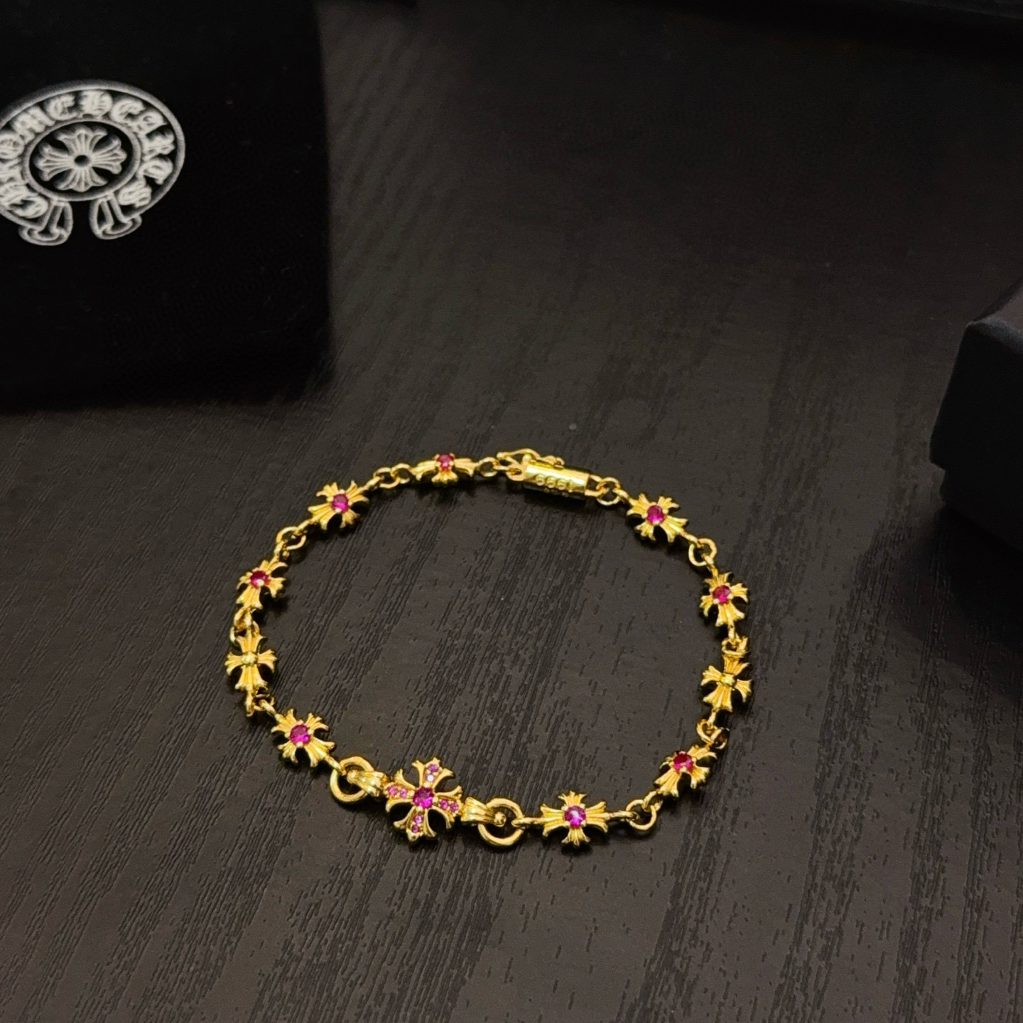 Chrome Hearts 新款【 品质】Chrome Hearts克罗心黄金色粉钻十字架手链