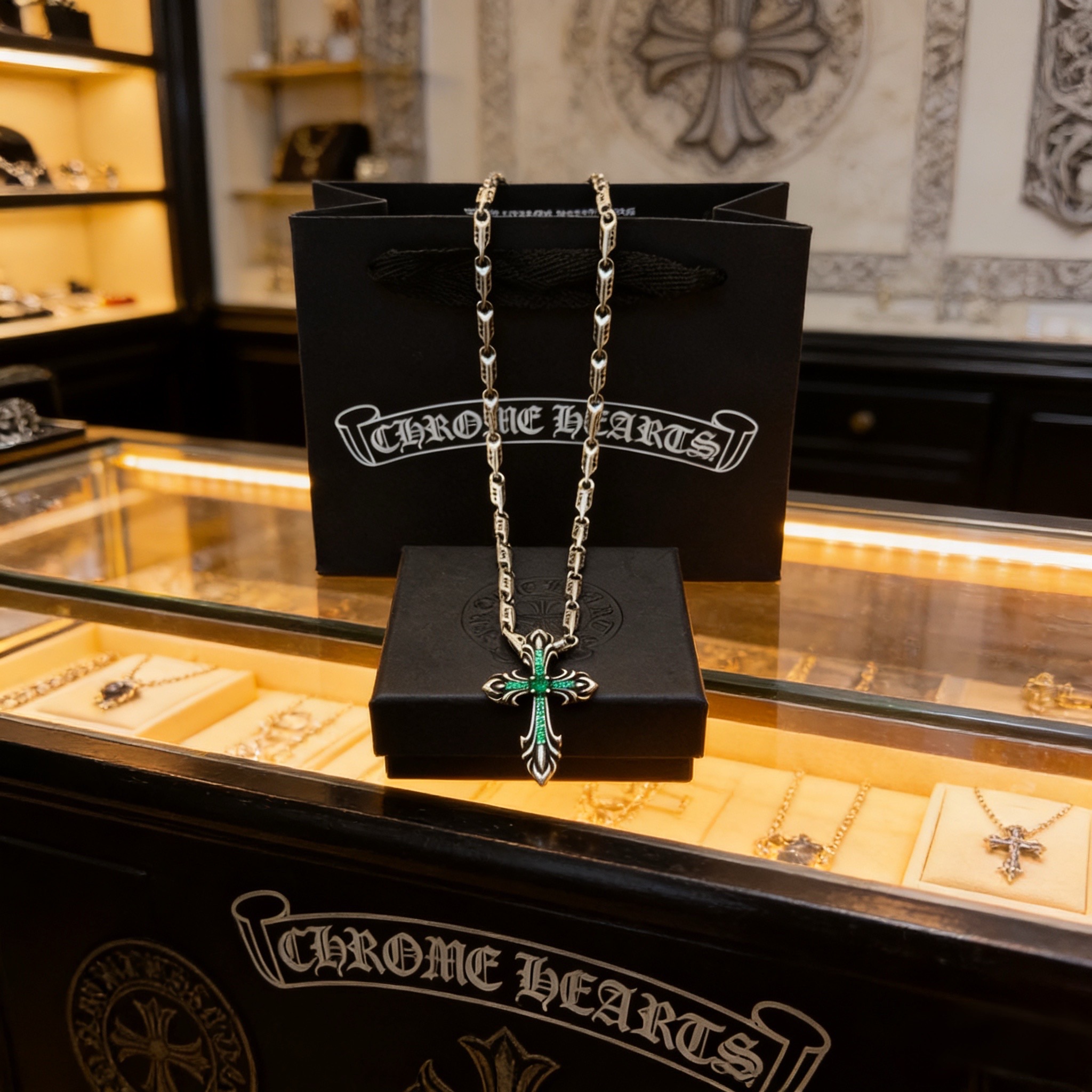 NO:763285,New [counter quality] Chrome Hearts classic retro cross necklace, green diamond cross pendant. Different pattern design styles with concave and convex shapes, showing a distinctive cross. The Scout flower is the symbol of Chrome Hearts, so it is more durable. Genuine pattern-printed Chrome Hearts distinguishes the ordinary light version in the market. Match the version and standard quality. Look at the printing details. The degree of retro gray oxidation. Seiko version!  !  !  Purely handmade ~ Authentic open mold fashion essentials. Can be worn by both men and women. Same style for couples. Official website original. Rock punk Thai silver style. Retro elements. Trendy and versatile!  , jewelry boutique, chrome hearts, chrome hearts, necklace19860909新款【专柜品质】Chrome Hearts克罗心经典复古十字架项链,绿钻十字架吊坠 凹凸造型不同的花纹设计风格 呈现出与众不同 十字架 童军花是克罗心的志 所以更经久不衰 正品打版Chrome Hearts克罗心 区别市场普通轻版 对版对标品质 看字印细节 复古做旧灰氧程度.精工版本！！！ 纯手工打造 ～正品开模潮流时尚必备 男女均可佩戴 情侣同款 官网原版 摇滚朋克泰银风格 复古元素 潮流百搭！,饰品精品,chrome hearts,chrome hearts,necklace,Jewelry