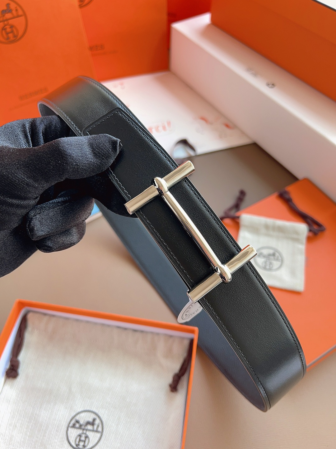 Hermes Style Black Leather Men's Belts Men's Belts Men's Belt detail image 4 from source 766385