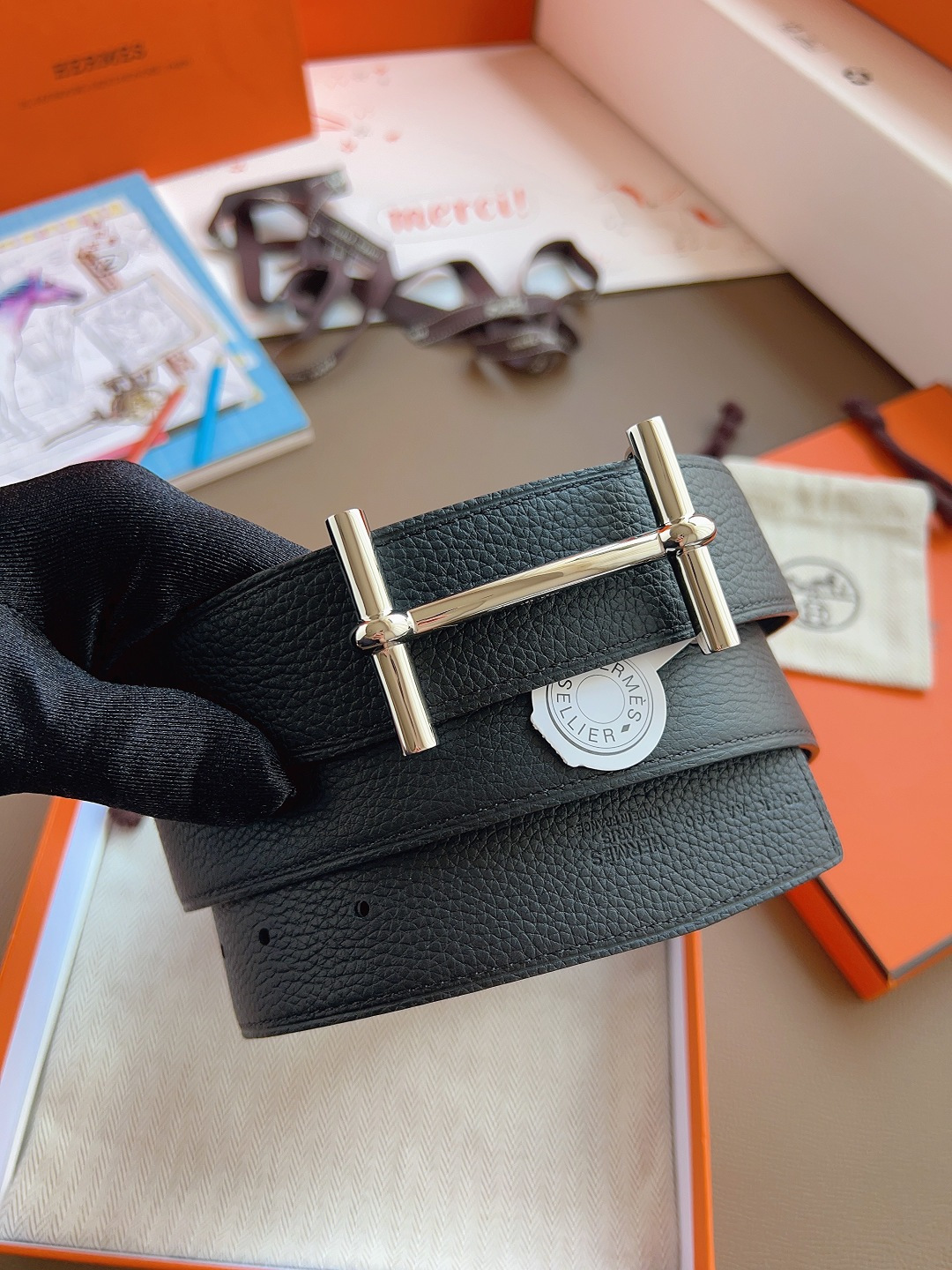Hermes Style Black Leather Men's Belts Men's Belts Men's Belt detail image 9 from source 766385