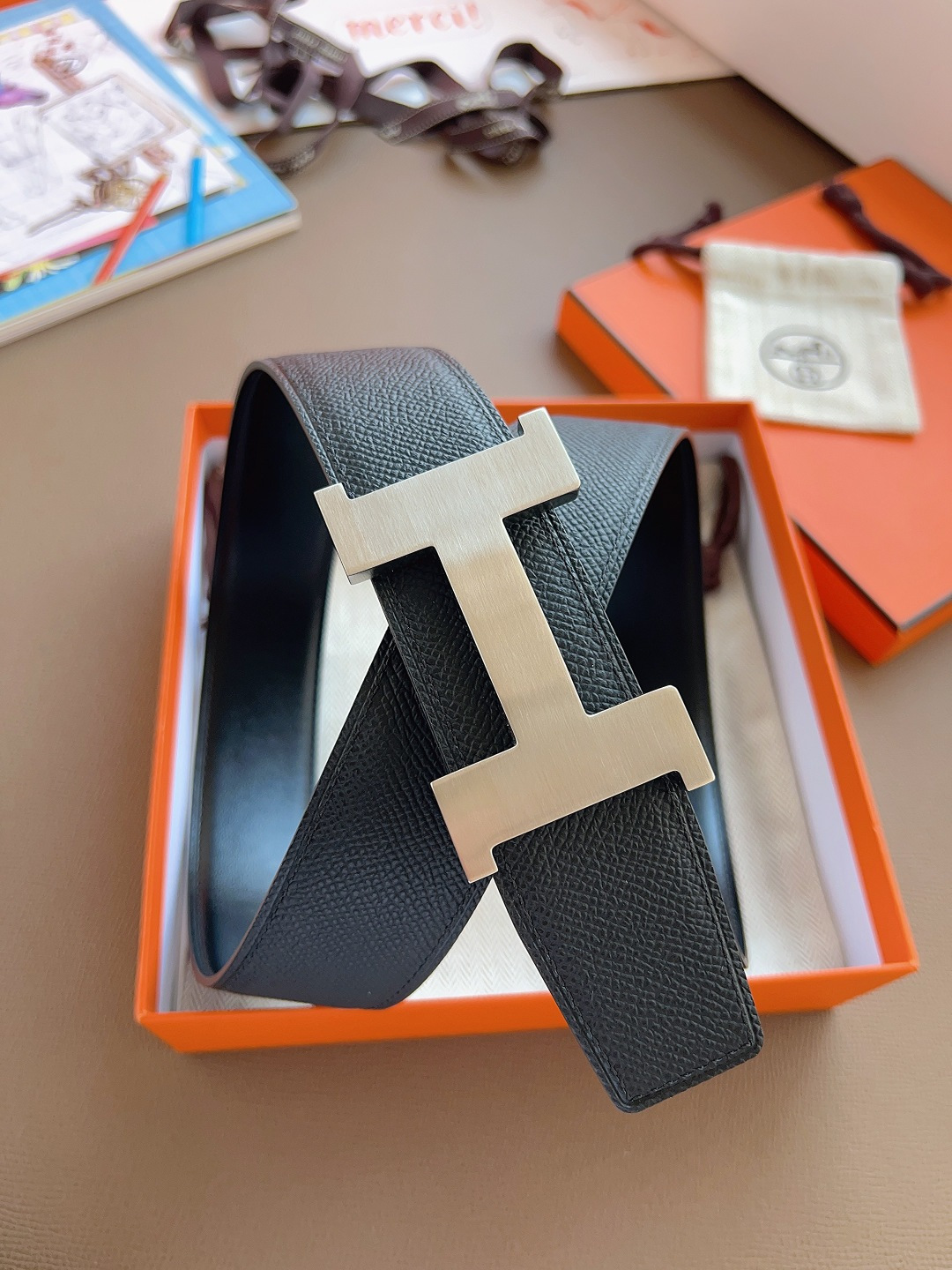 Hermes Style Black Leather Men's Belts Men's Belts Men's Belt detail image 9 from source 766384