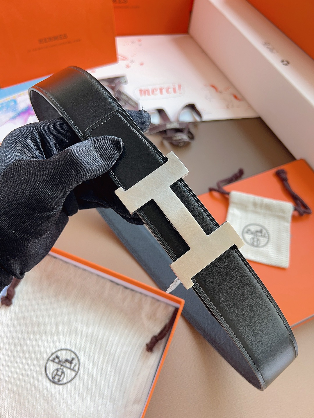 Hermes Style Black Leather Men's Belts Men's Belts Men's Belt detail image 4 from source 766384