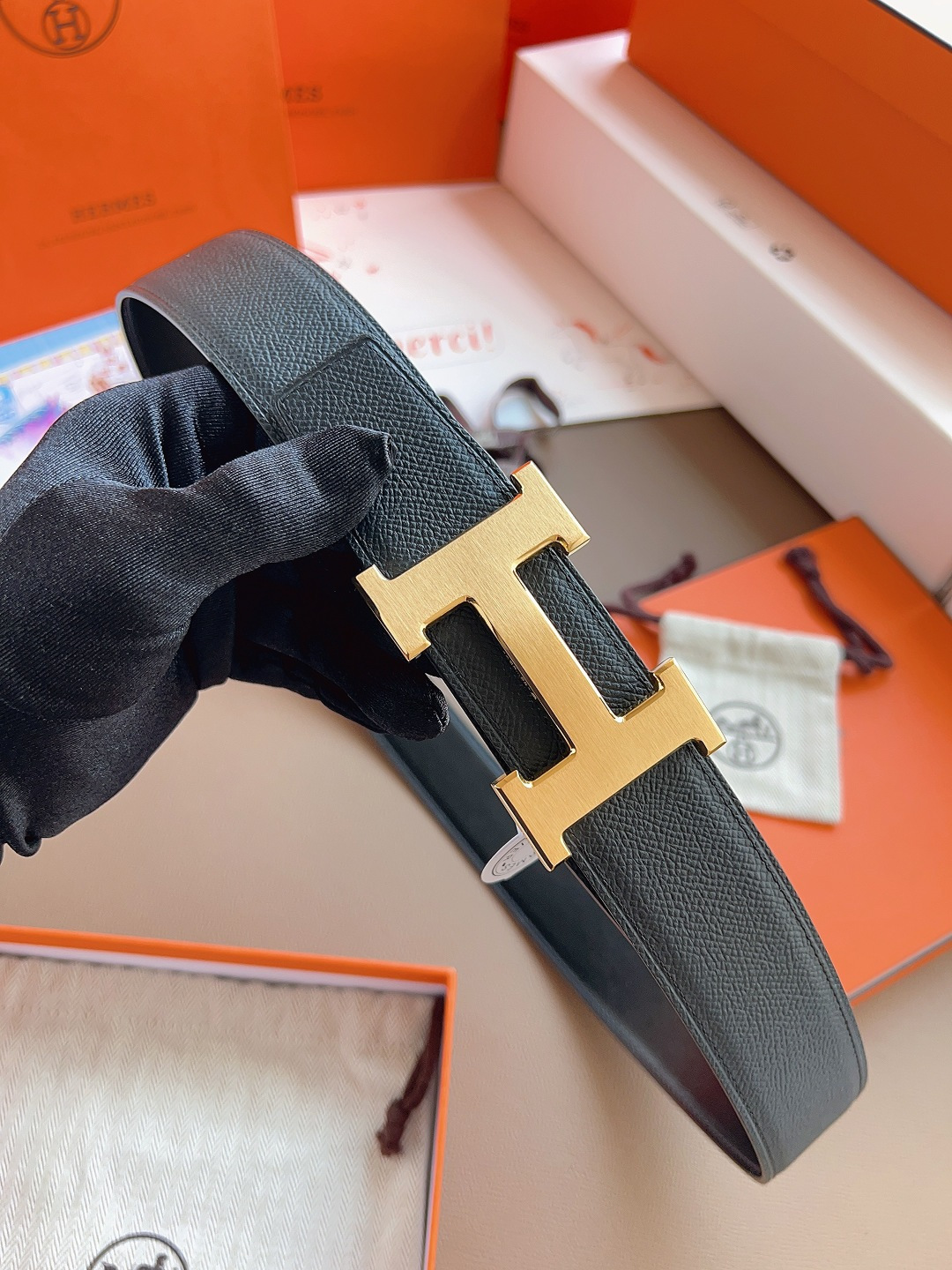 Hermes Style Black Leather Men's Belts Men's Belts Men's Belt detail image 3 from source 766381