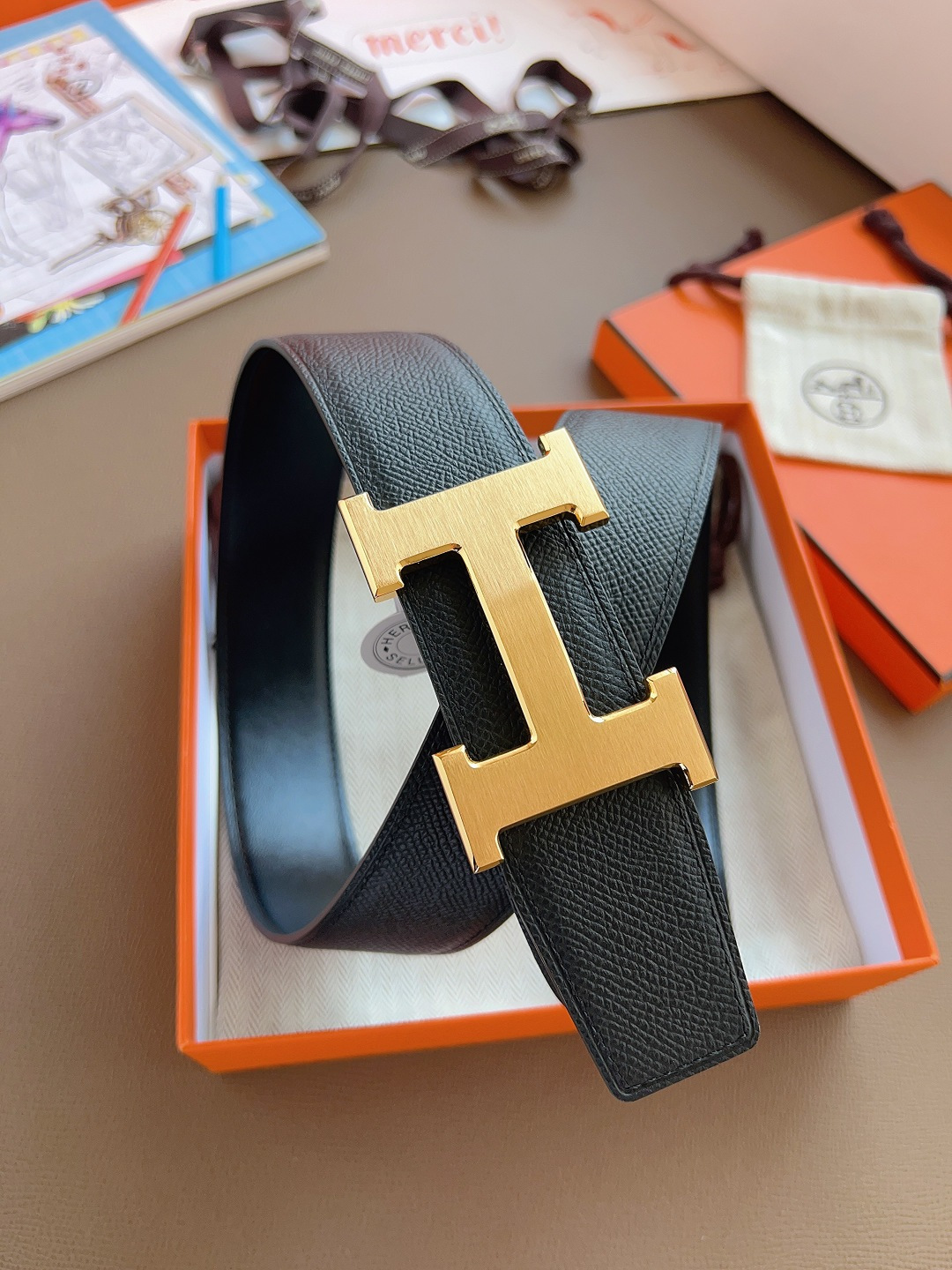 Hermes Style Black Leather Men's Belts Men's Belts Men's Belt detail image 9 from source 766381
