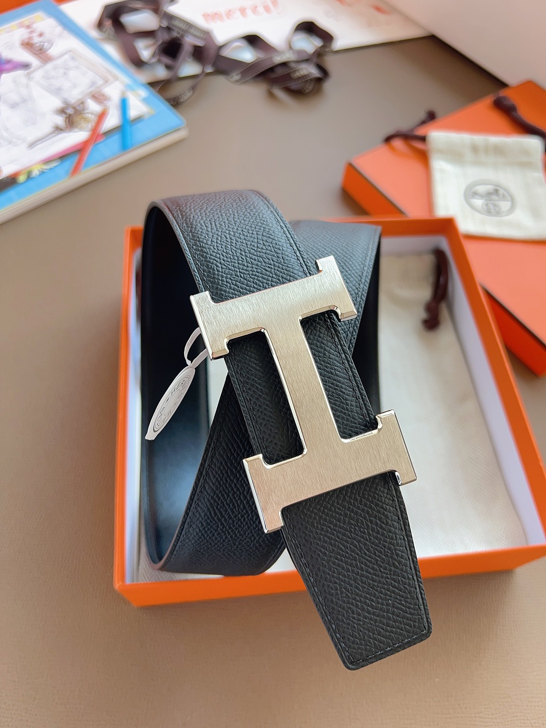 Hermes Style Black Leather Men's Belts Men's Belts Men's Belt detail image 9 from source 766382