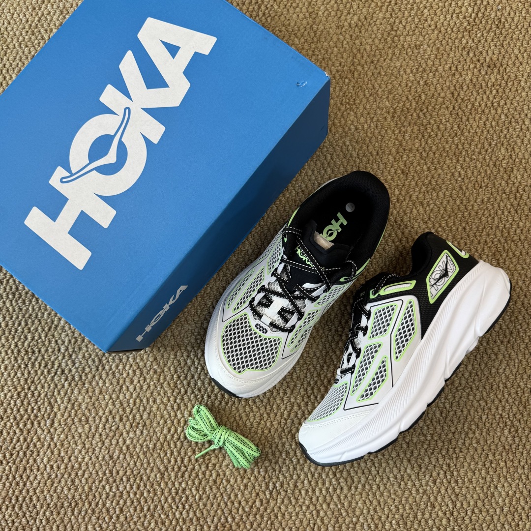 HOKA ONE ONE Clifton ONE9 克里夫顿9代专业性能减震公路跑步鞋 第9色:黑白绿 