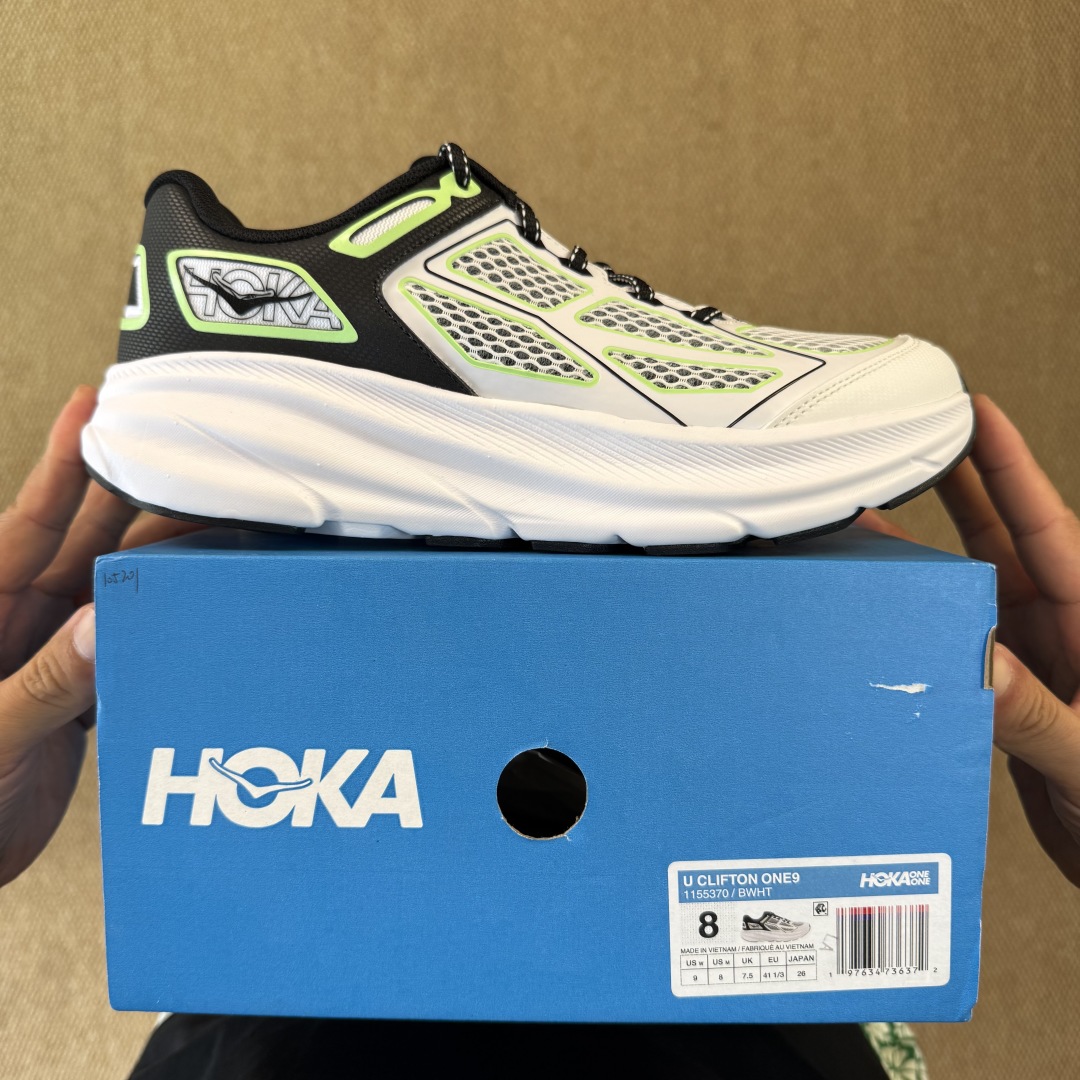 HOKA ONE ONE Clifton ONE9 克里夫顿9代专业性能减震公路跑步鞋 第9色:黑白绿 