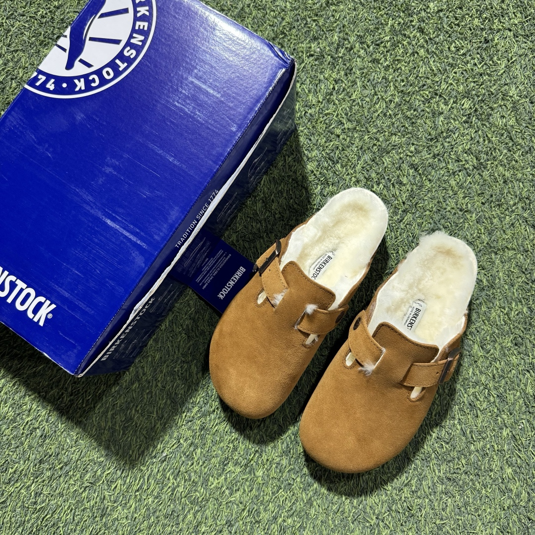 冬季羊毛款勃肯半拖 Birkenstock 舒适包头拖鞋 栗色东莞支线订单 奢侈品工艺市场稀缺货源 上图