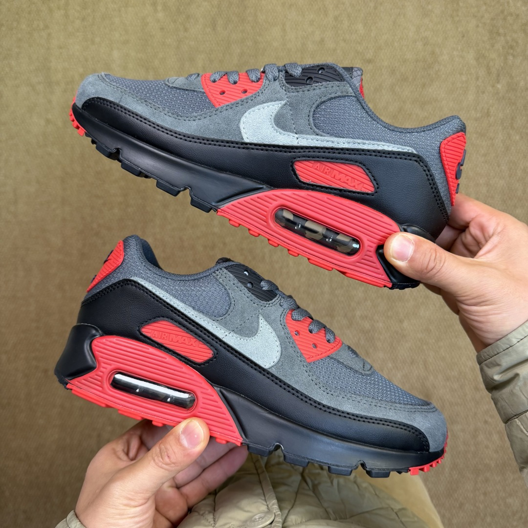 Nike Air Max 90 低帮气垫跑鞋第10色:黑灰红 货号：DM0029-007尺码：35 36
