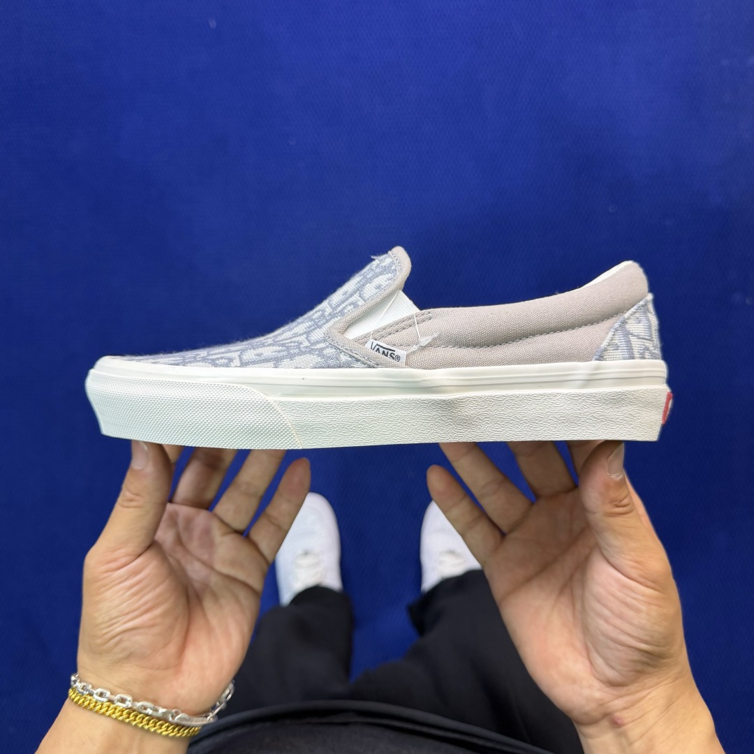 虎扑版！Vans Slip-On 低帮 5-20Dior联名米白纯原级别外贸订单！万斯经典 硫化帆布板鞋