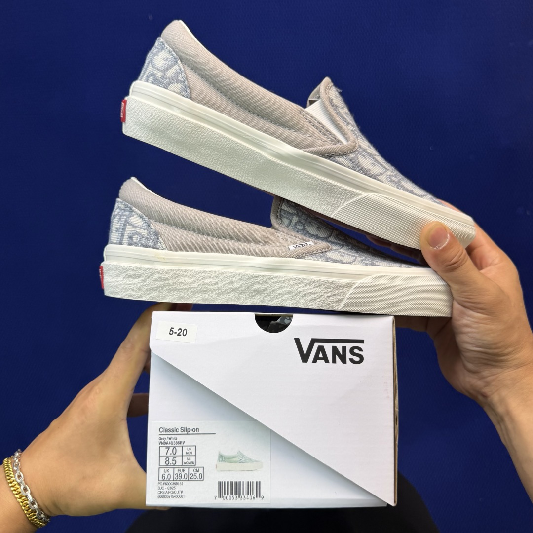 虎扑版！Vans Slip-On 低帮 5-20Dior联名米白纯原级别外贸订单！万斯经典 硫化帆布板鞋