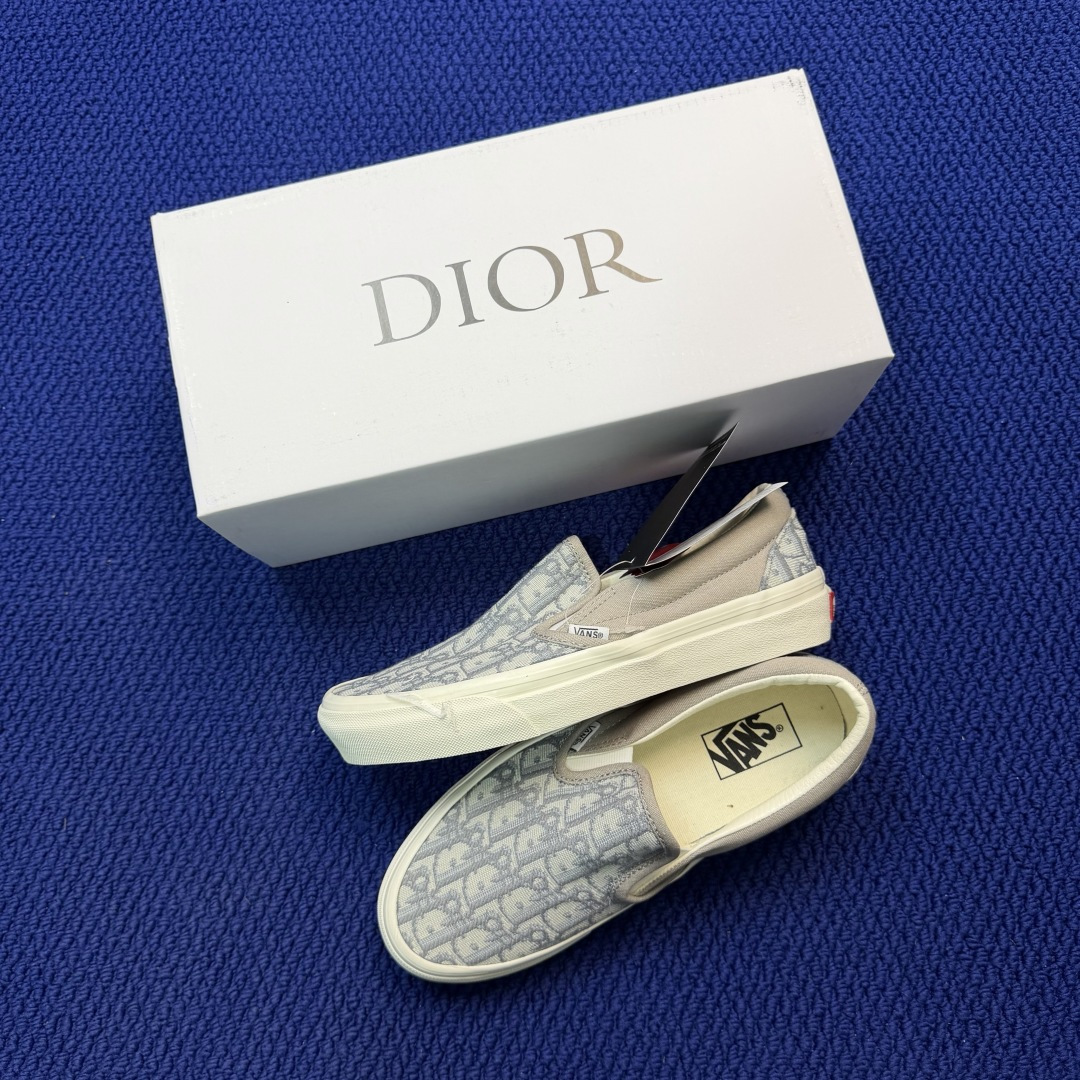虎扑版！Vans Slip-On 低帮 5-20Dior联名米白纯原级别外贸订单！万斯经典 硫化帆布板鞋