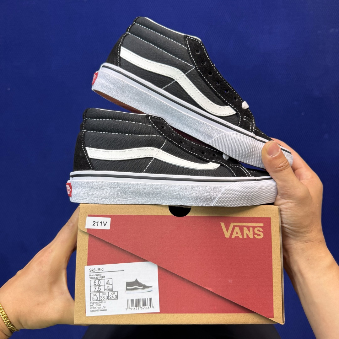 虎扑版！Vans Sk8-Mid 中帮 211V纯原级别外贸订单！万斯经典 硫化帆布板鞋正品海鸥线 鞋头