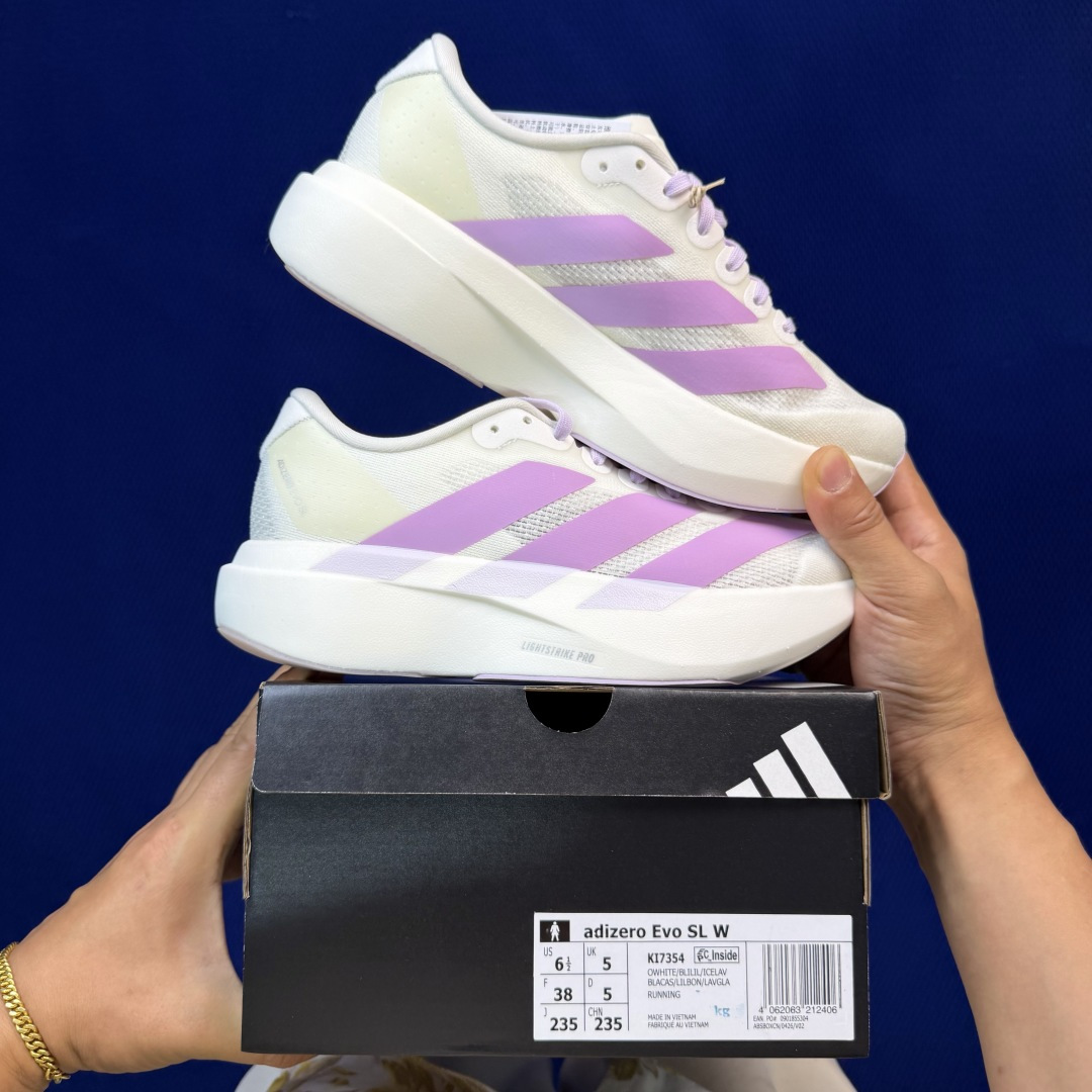 新版 AD Adizero Evo SL 阿迪达斯马拉松跑步鞋轻量Q弹缓震跑鞋新体验！第39色:汉玉白紫