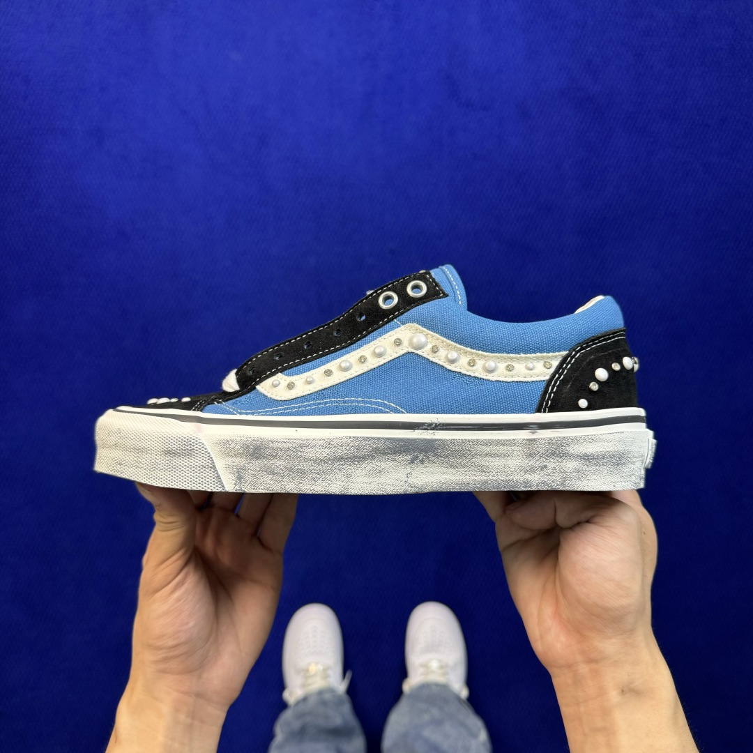 虎扑版！Vans Old Skool 低帮 蓝色珍珠碎钻铆钉限定！ 纯原级别外贸订单！万斯经典 硫化帆布板鞋 正品海鸥线