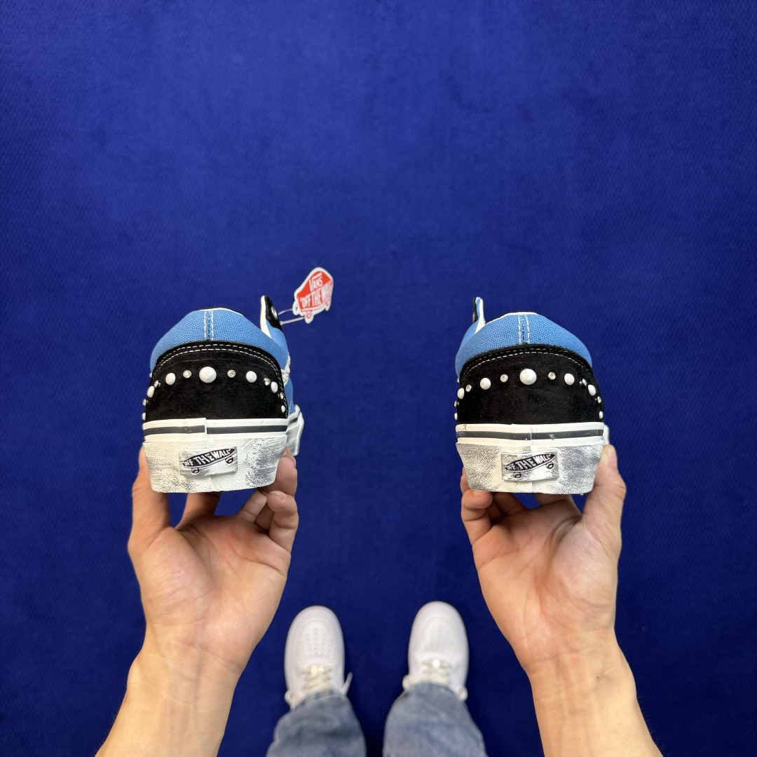 虎扑版！Vans Old Skool 低帮 蓝色珍珠碎钻铆钉限定！ 纯原级别外贸订单！万斯经典 硫化帆布板鞋 正品海鸥线