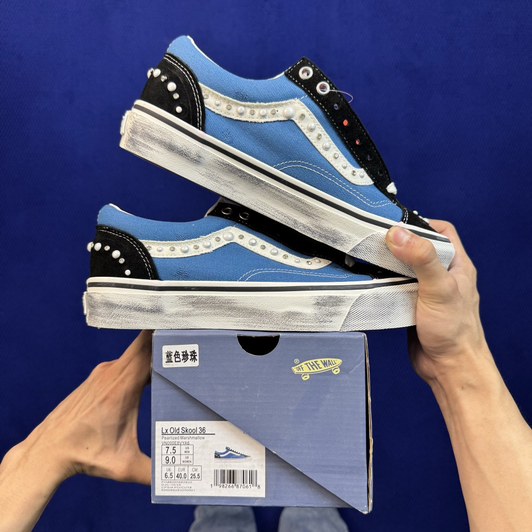 虎扑版！Vans Old Skool 低帮 蓝色珍珠碎钻铆钉限定！ 纯原级别外贸订单！万斯经典 硫化帆布板鞋 正品海鸥线