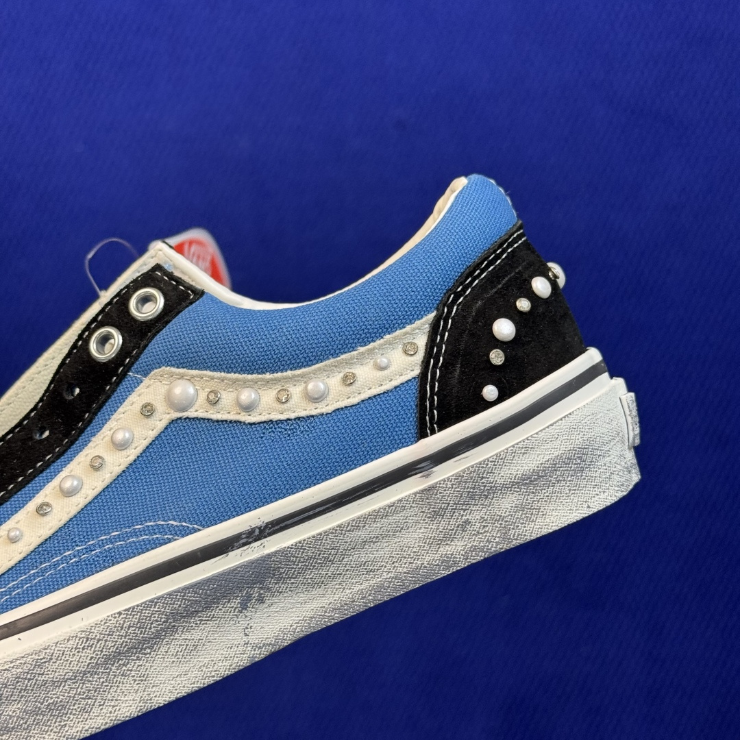 虎扑版！Vans Old Skool 低帮 蓝色珍珠碎钻铆钉限定！ 纯原级别外贸订单！万斯经典 硫化帆布板鞋 正品海鸥线