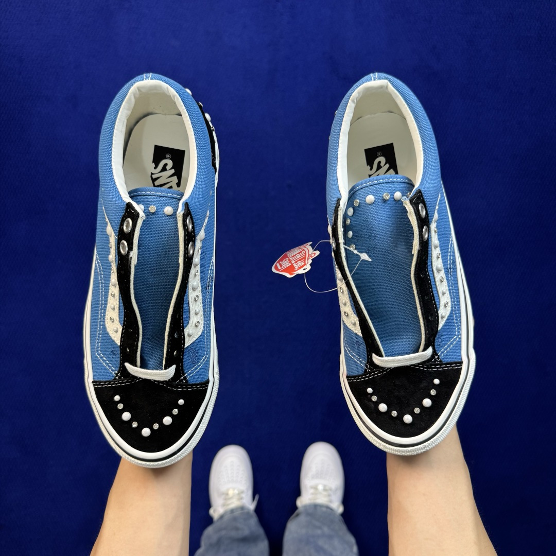 虎扑版！Vans Old Skool 低帮 蓝色珍珠碎钻铆钉限定！ 纯原级别外贸订单！万斯经典 硫化帆布板鞋 正品海鸥线