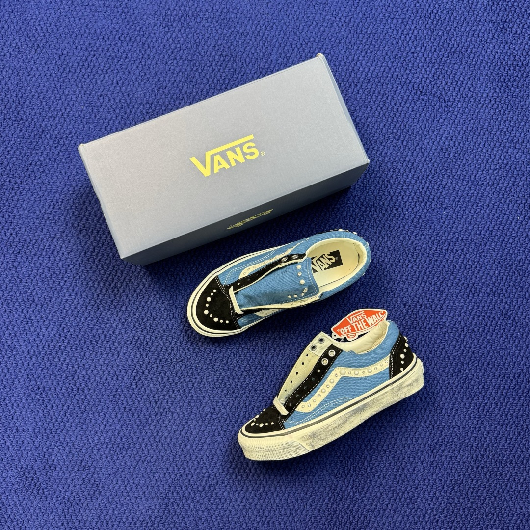 虎扑版！Vans Old Skool 低帮 蓝色珍珠碎钻铆钉限定！ 纯原级别外贸订单！万斯经典 硫化帆布板鞋 正品海鸥线