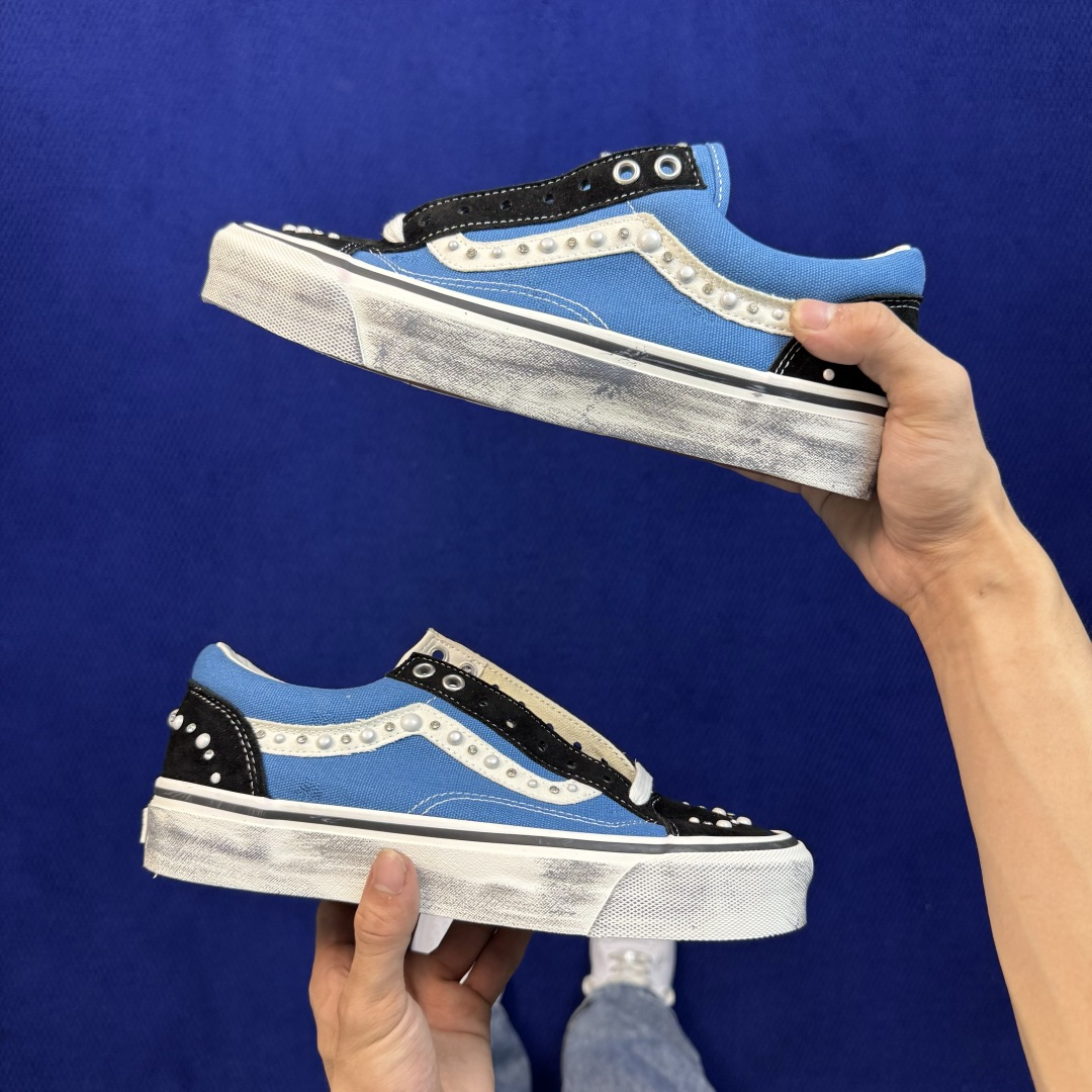 虎扑版！Vans Old Skool 低帮 蓝色珍珠碎钻铆钉限定！ 纯原级别外贸订单！万斯经典 硫化帆布板鞋 正品海鸥线
