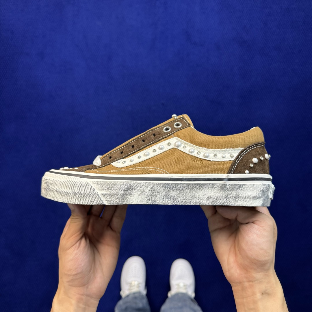 虎扑版！Vans Old Skool 低帮 棕色珍珠碎钻铆钉限定！ 纯原级别外贸订单！万斯经典 硫化帆布板鞋 正品海鸥线