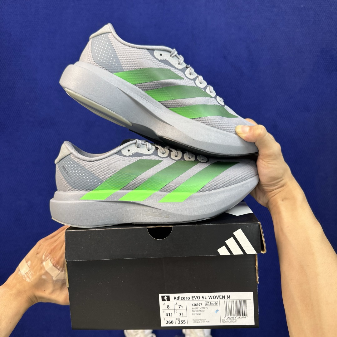 新版 AD Adizero Evo SL 阿迪达斯马拉松跑步鞋 轻量Q弹缓震跑鞋新体验！第49色:灰绿 货号：KI692