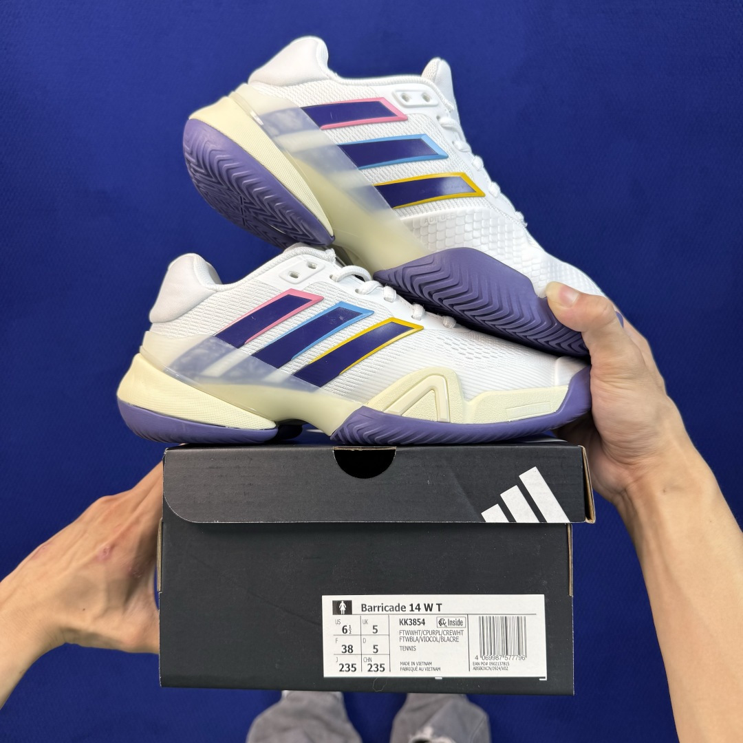 adidas BARRICADE 14 M 专业网球鞋 第7色:白色多彩 货号：KK3854 王欣瑜同款战靴，主打侧向支