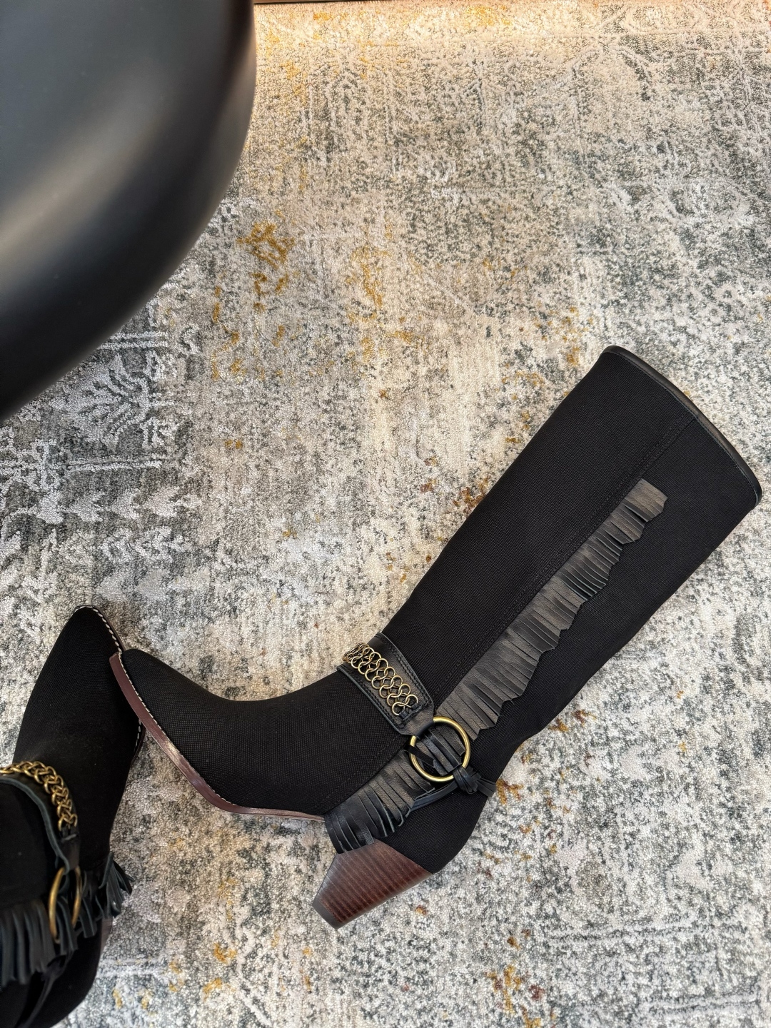 Isabel Marant Women's Knee High Western Boots with Leather and Fringe