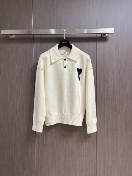 Ami Paris Women’s Grey Merino Wool Polo Sweater with Heart Intarsia