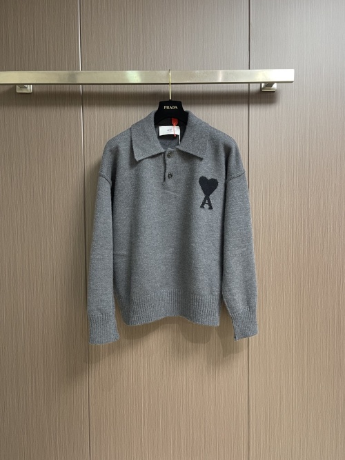 Ami Paris Women's Grey Merino Wool Polo Sweater with Heart Intarsia 14 Ami Paris Women’s Grey Merino Wool Polo Sweater with Heart Intarsia