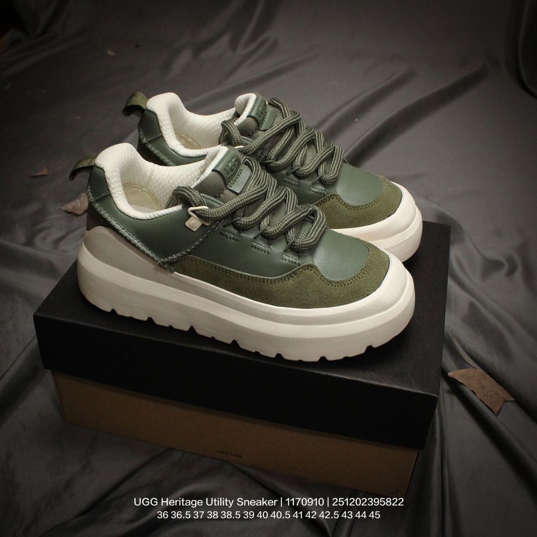 🈴💰180
UGG/雪地靴 UGG Heritage Utility Sneaker 传统实用运动鞋 UGG元素与经典运动鞋的氛围相结合，融合了传统与创新。鞋面采用全粒皮革和麂皮完成。采用来自甘蔗的EVA材质制作的鞋底，拥有发挥出色的抓地力 1170910

类型：男女鞋
码数：36 36.5 37 38 38.5 39 40 40.5 41 42 42.5 43 44 45
编码：251202395.822