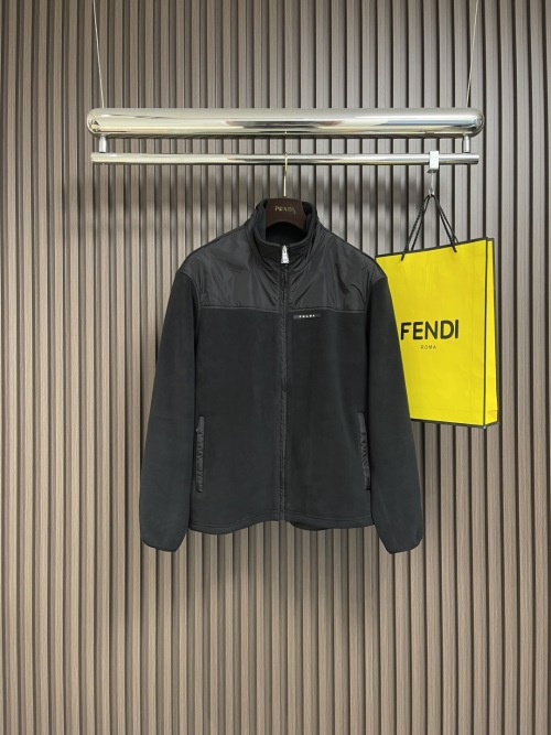 Prada Fleece-Trimmed Stand Collar Jacket Nylon Patchwork Casual Outerwear 1 Prada Fleece-Trimmed Stand Collar Jacket Nylon Patchwork Casual Outerwear