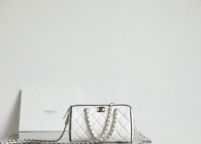 Chanel 25P Lambskin Mini Bowling Bag White/Black Edge with Chain 1 Chanel 25P Lambskin Mini Bowling Bag White/Black Edge with Chain