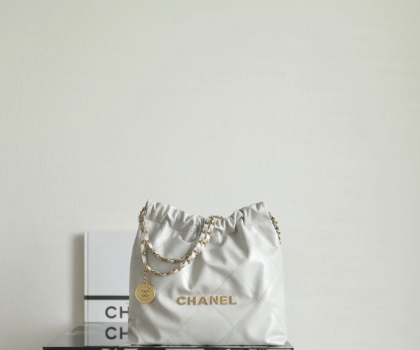 Chanel 22 Bag, New Light Gray Color, Small Size, Gold Hardware & Leather 1 Chanel 22 Bag, New Light Gray Color, Small Size, Gold Hardware & Leather