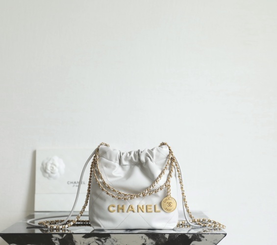 Chanel 22 Mini Bag Light Gray Leather, Gold Hardware - Newest Collection 1 Chanel 22 Mini Bag Light Gray Leather, Gold Hardware - Newest Collection