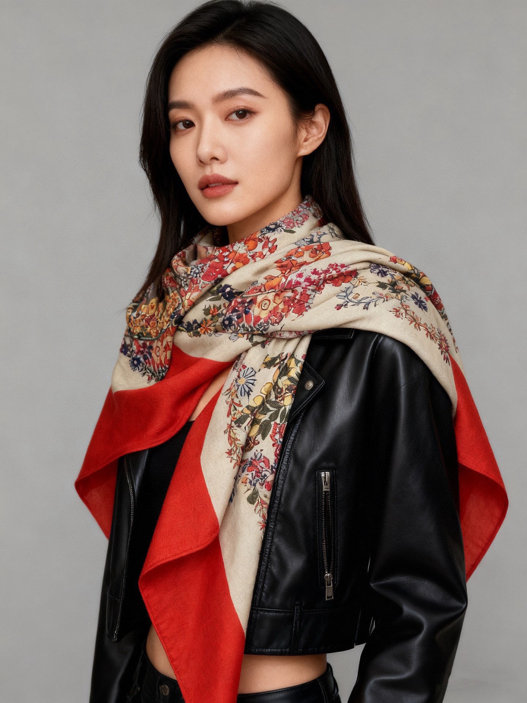 “华丽的缰辔花卉版”140丝绒方巾【140顶级丝绒双面同色披肩】手工卷边丝绒方巾（30%真丝70%羊绒）