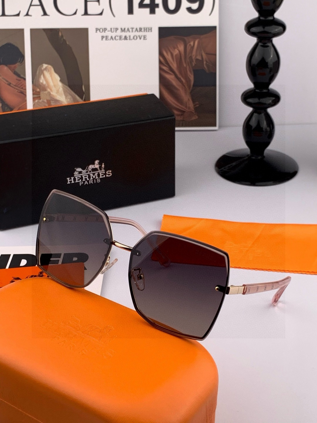 【尼龙偏光系列】爱马仕无框太阳镜墨方框设计，不挑脸型，无论搭配大衣还是连衣裙都非常显气质尼龙偏光镜片预防