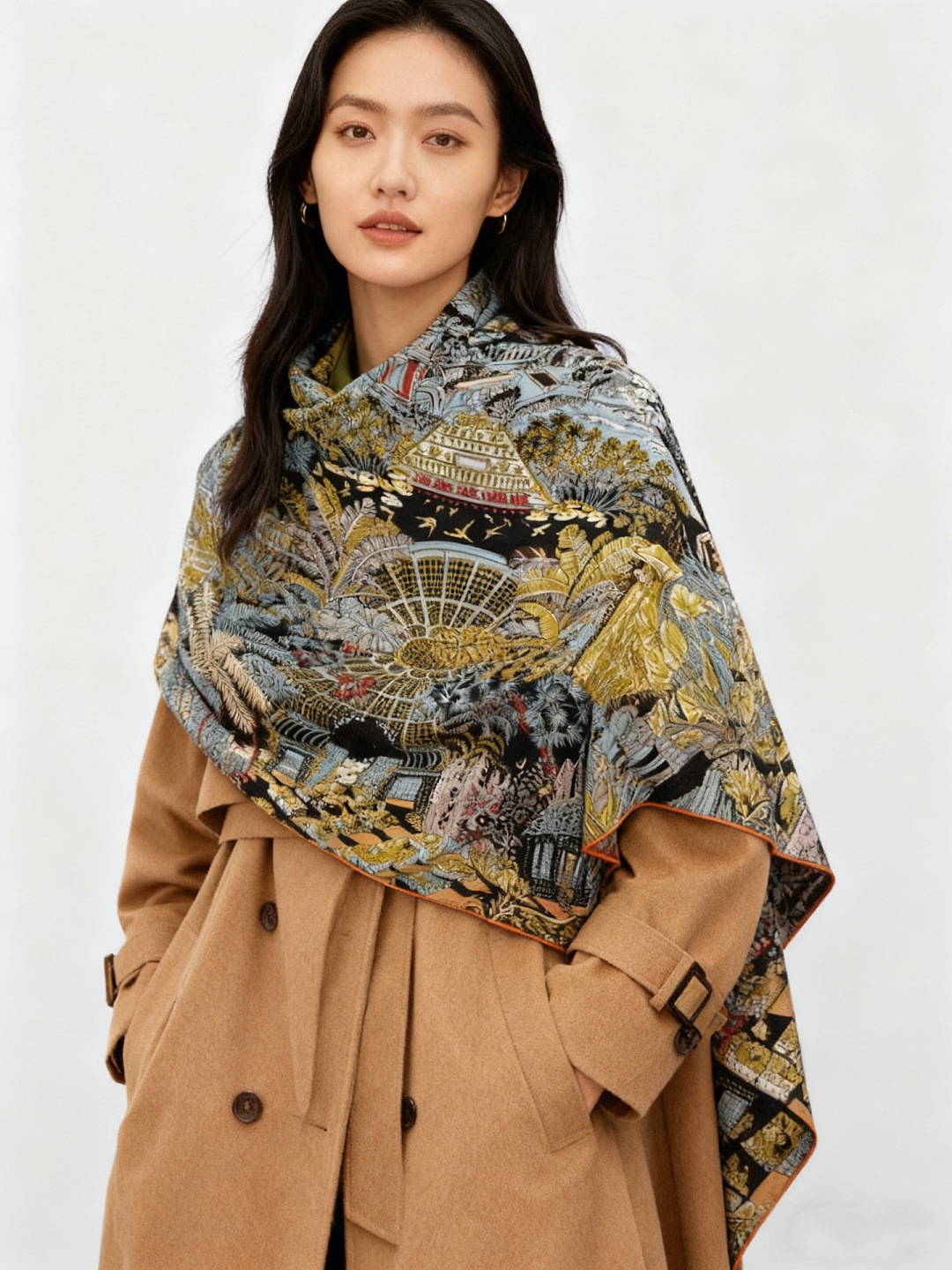 💟2025年秋冬抢先 上新💞【双面同色丝绒方巾】手工卷边山羊绒和真丝混纺披肩（70%山羊绒，30%桑蚕丝