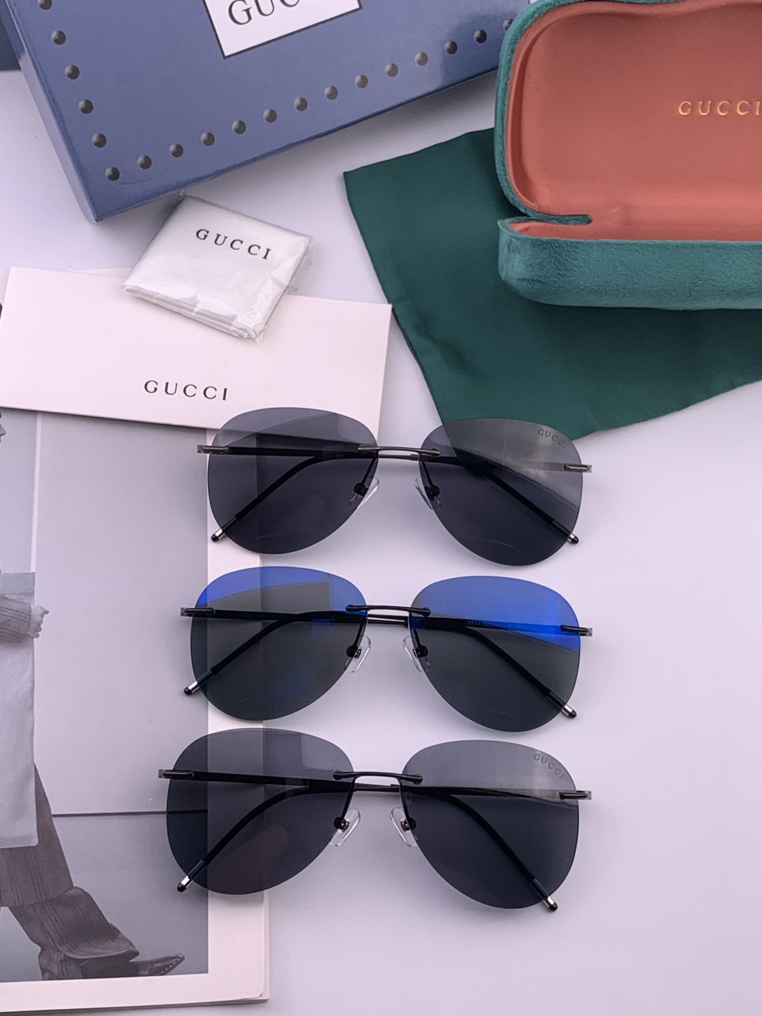 Gucci 男款炫彩飞行员偏光太阳镜 ❤️材质：高清尼龙加厚卡槽高清偏光镜片 🌹无边框镜架💕颜👍型号：G